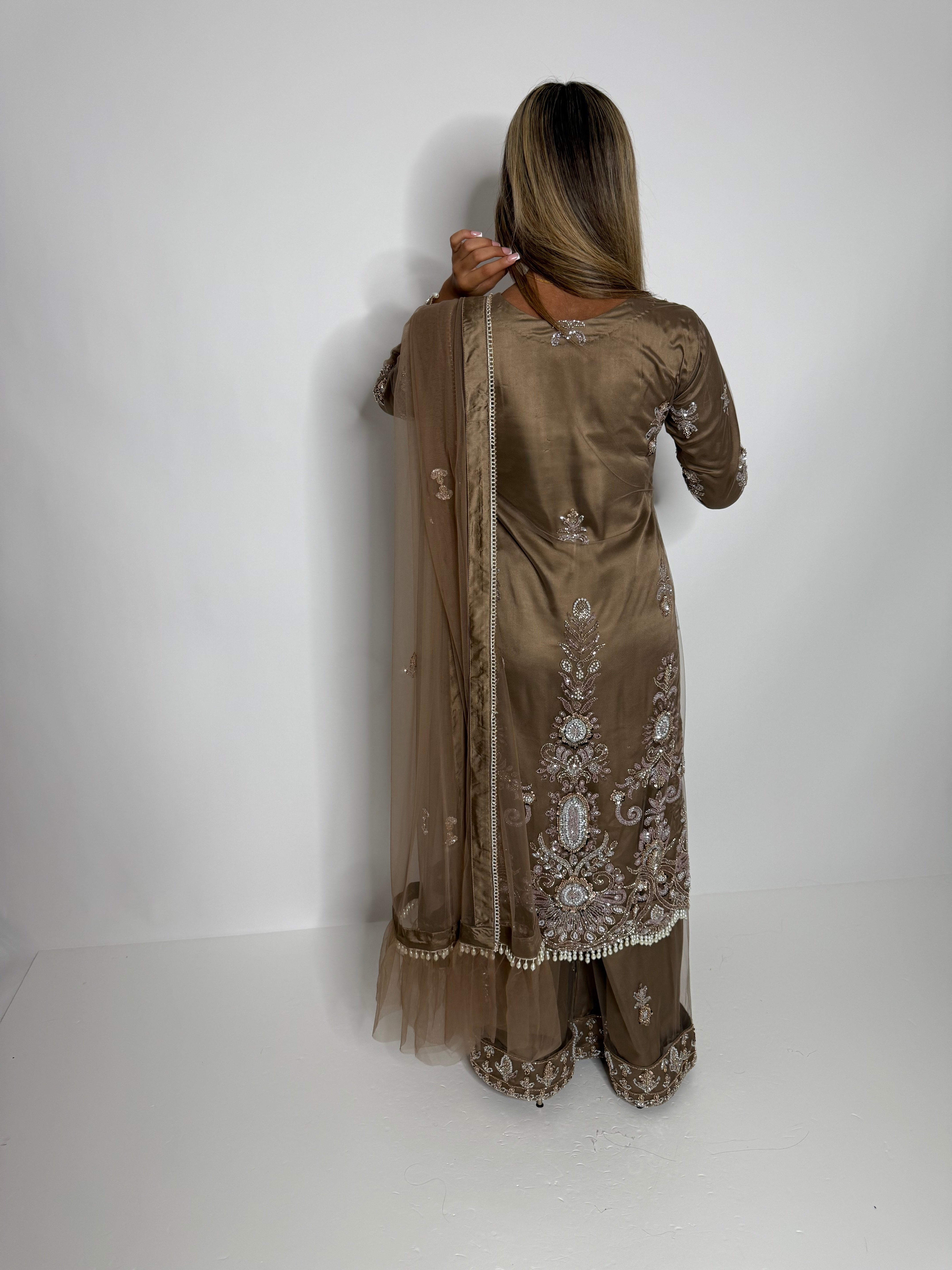Zehra – Taupe Embroidered Formal Suit | Pakistani Wedding & Eid Outfit
