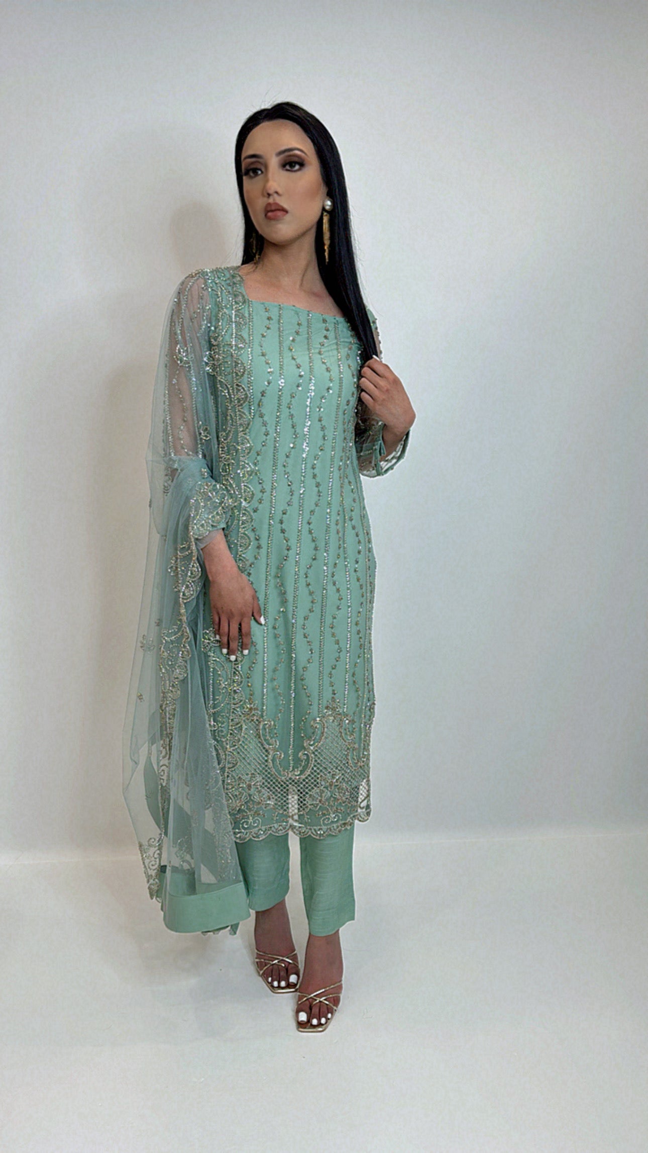 Layla – Sea Green Embroidered Net Three Piece Suit