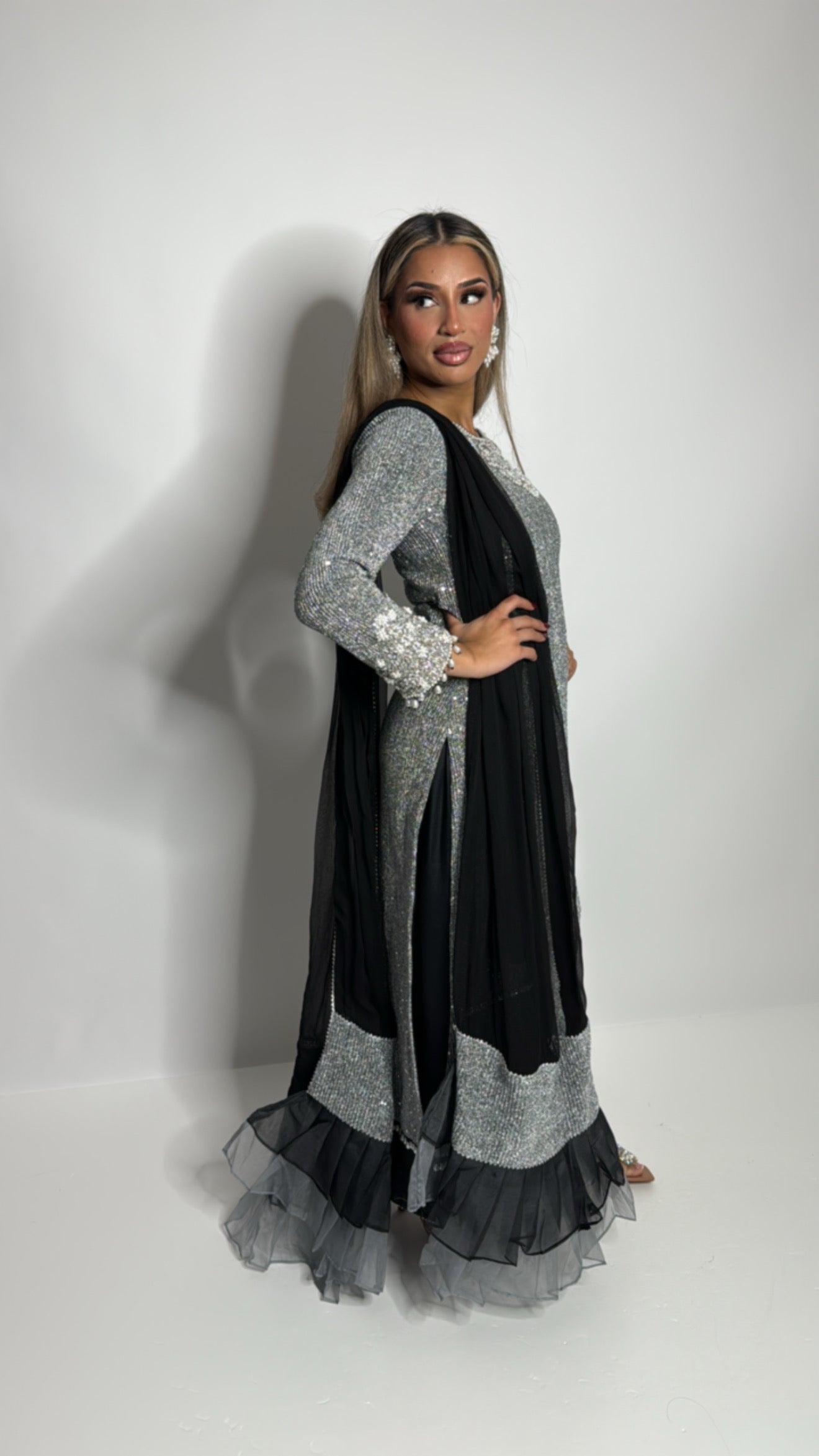 Luxury silver Pakistani wedding outfit with embroidery and frill dupatta