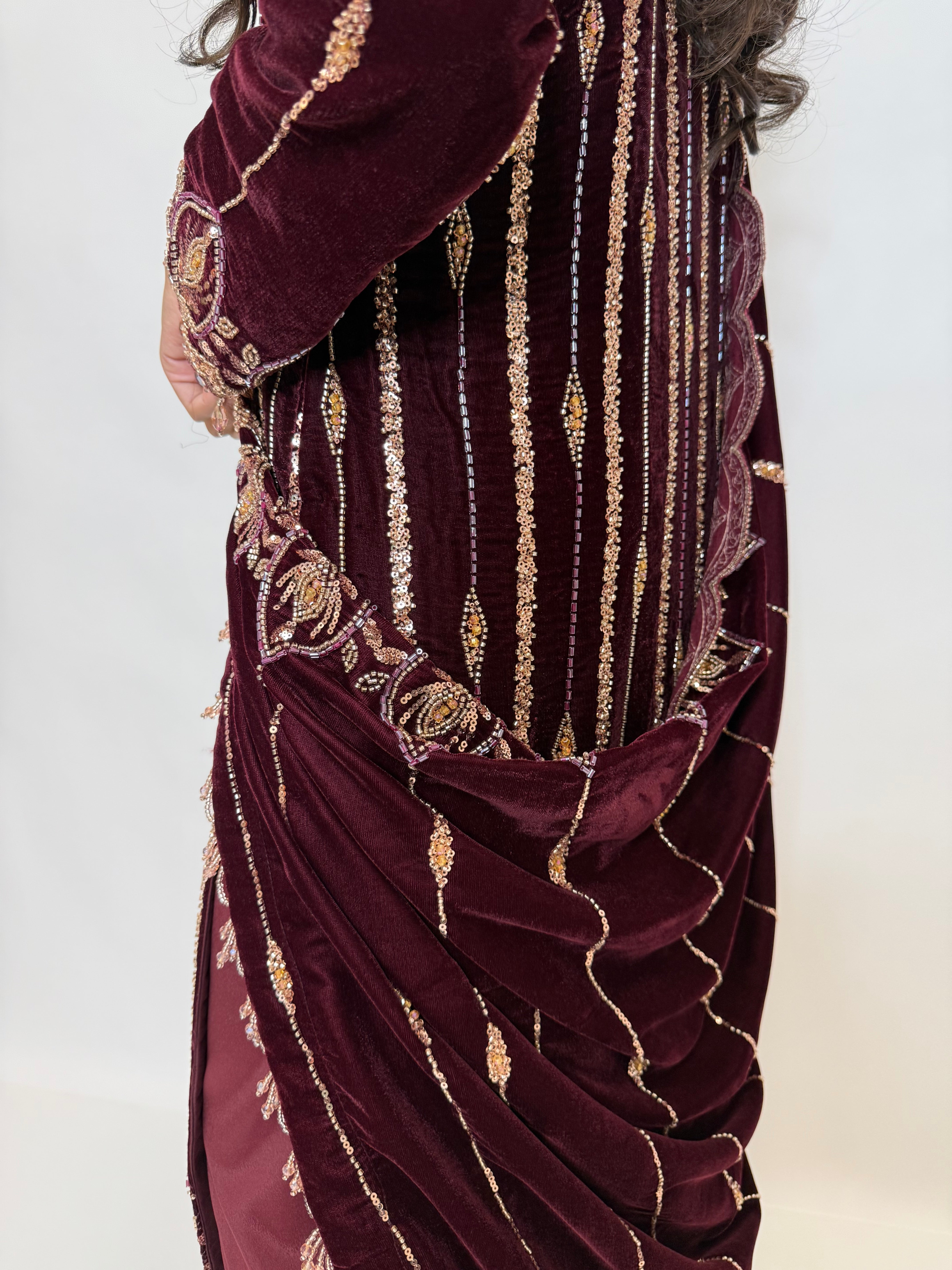 Detailed velvet shawl embroidery with pearl embellishment