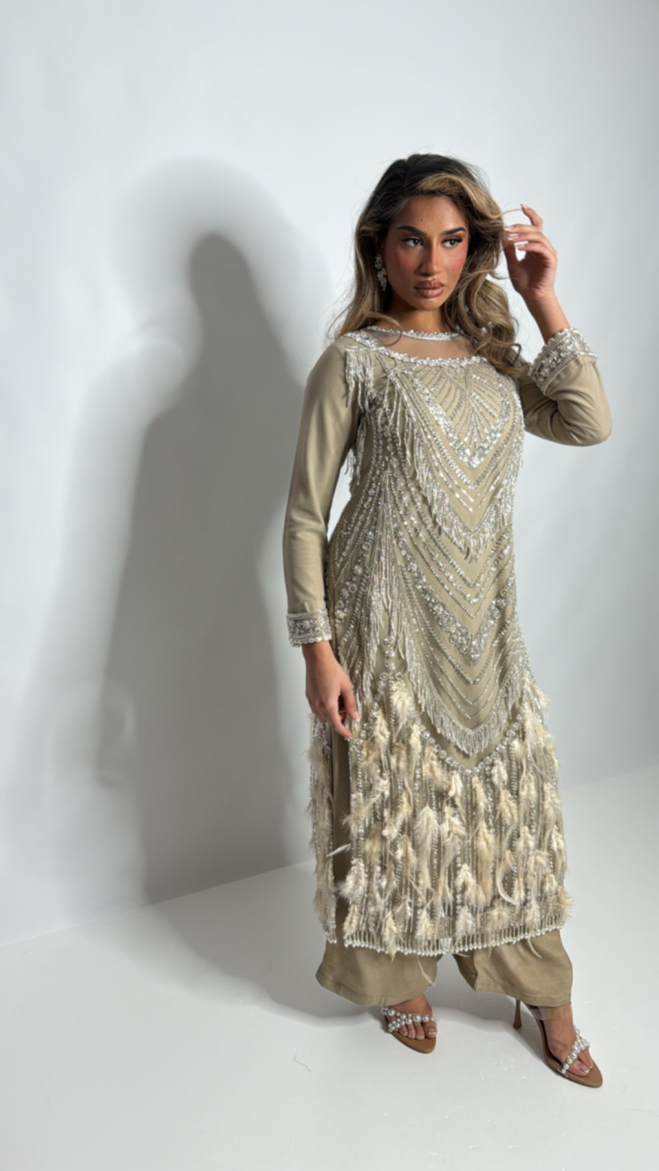 Knightsbridge Taupe Feathered Cutdana Embroidered Pakistani Suit