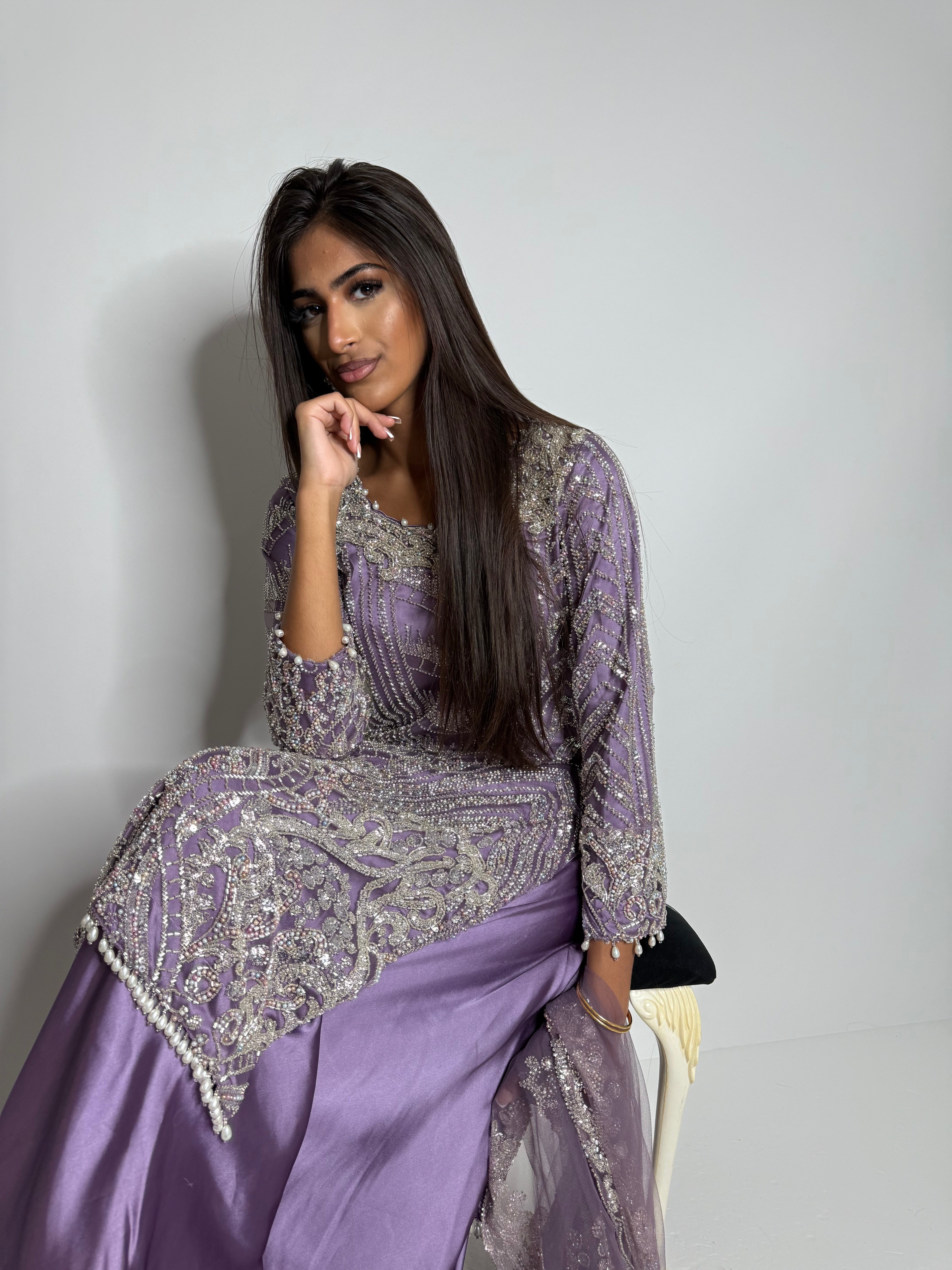 Full three-piece Pakistani outfit in dusky lavender with shimmer detailing