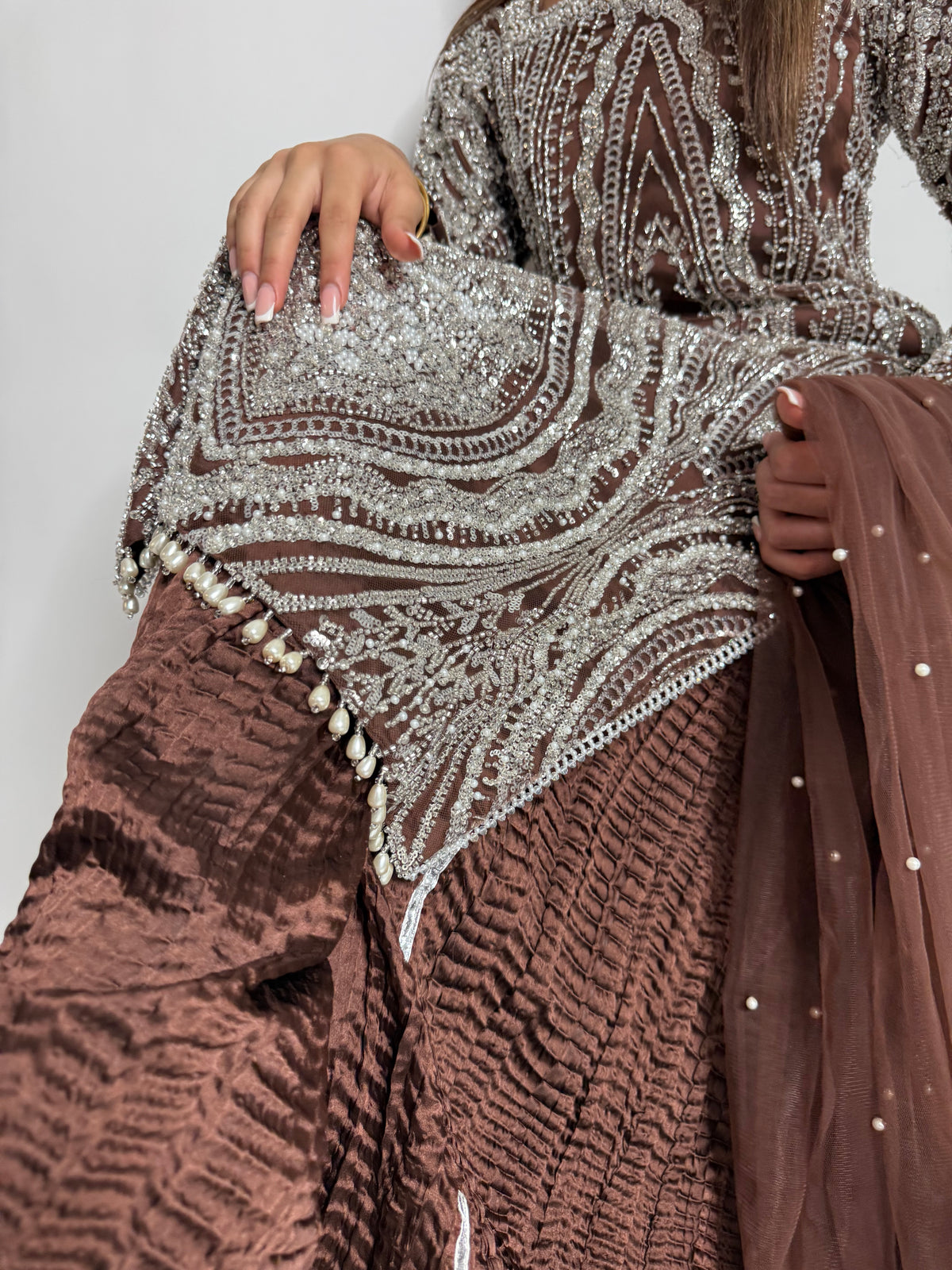 Arabella Mocha | Luxury Cutdana Embroidered Pakistani Suit with Sharara – 3 Piece