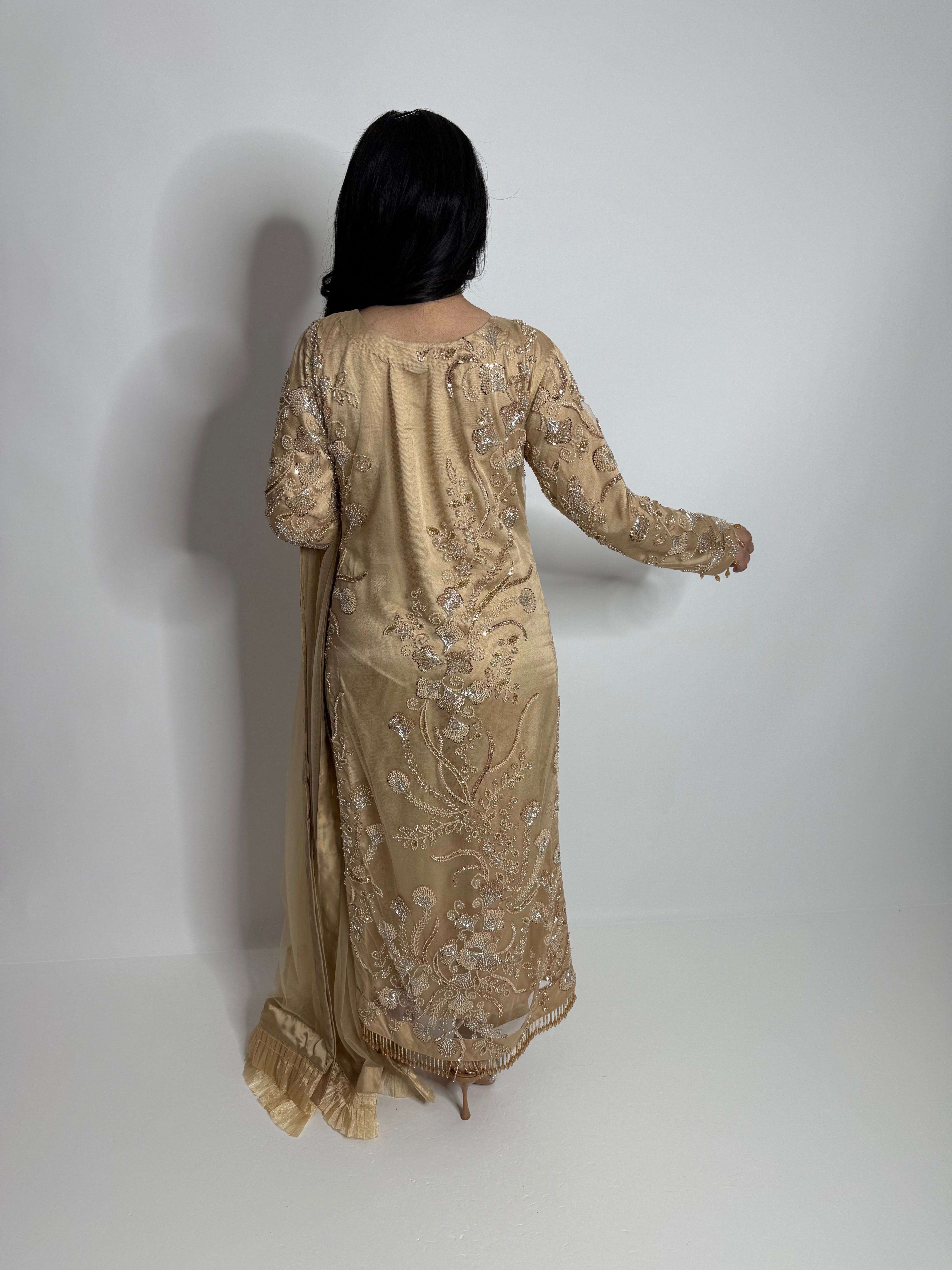 Elegant gold cutdana and pearl embellished suit for weddings and parties – Ameliyana Boutique