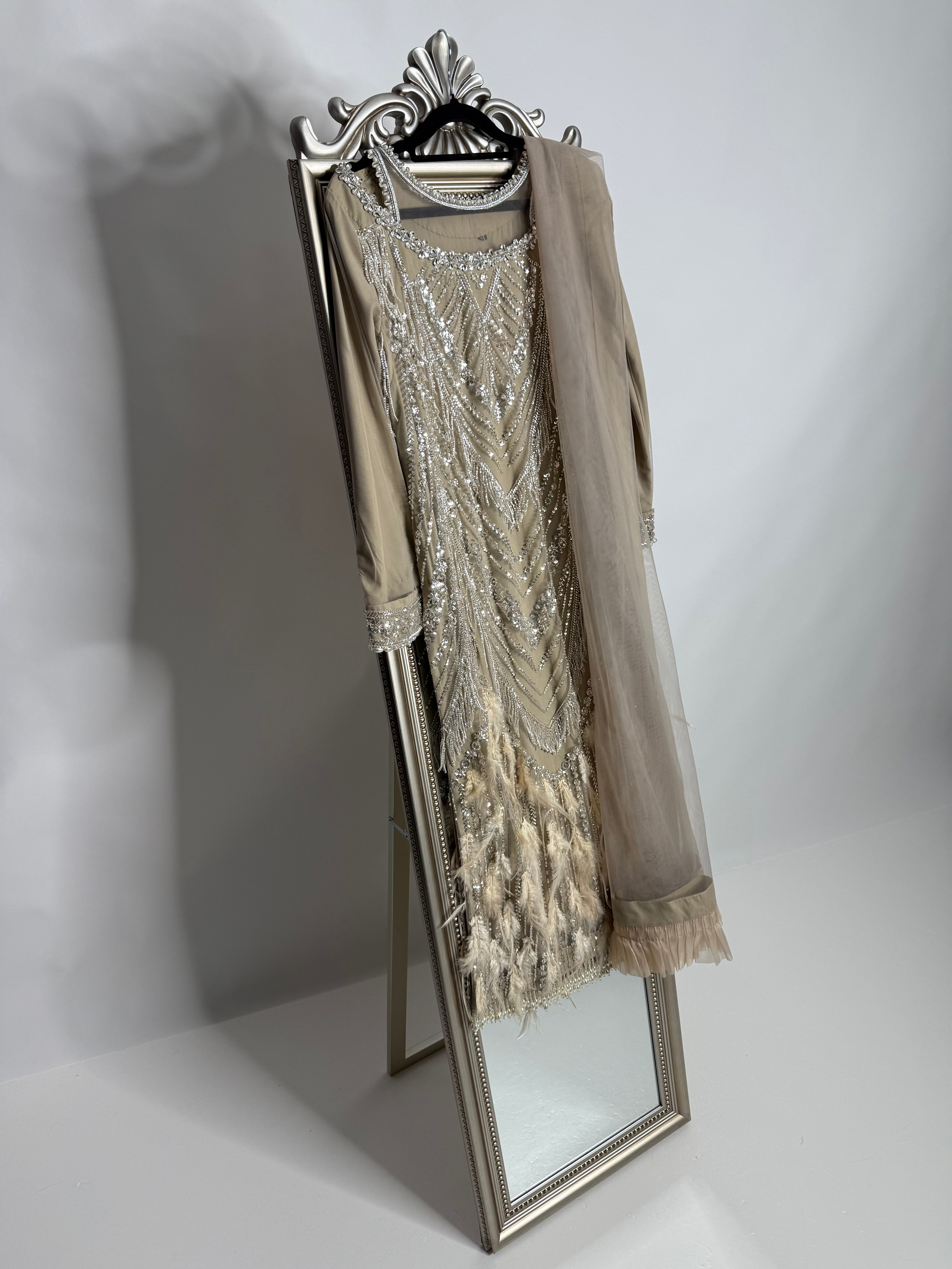 Knightsbridge Taupe Feathered Cutdana Embroidered Pakistani Suit