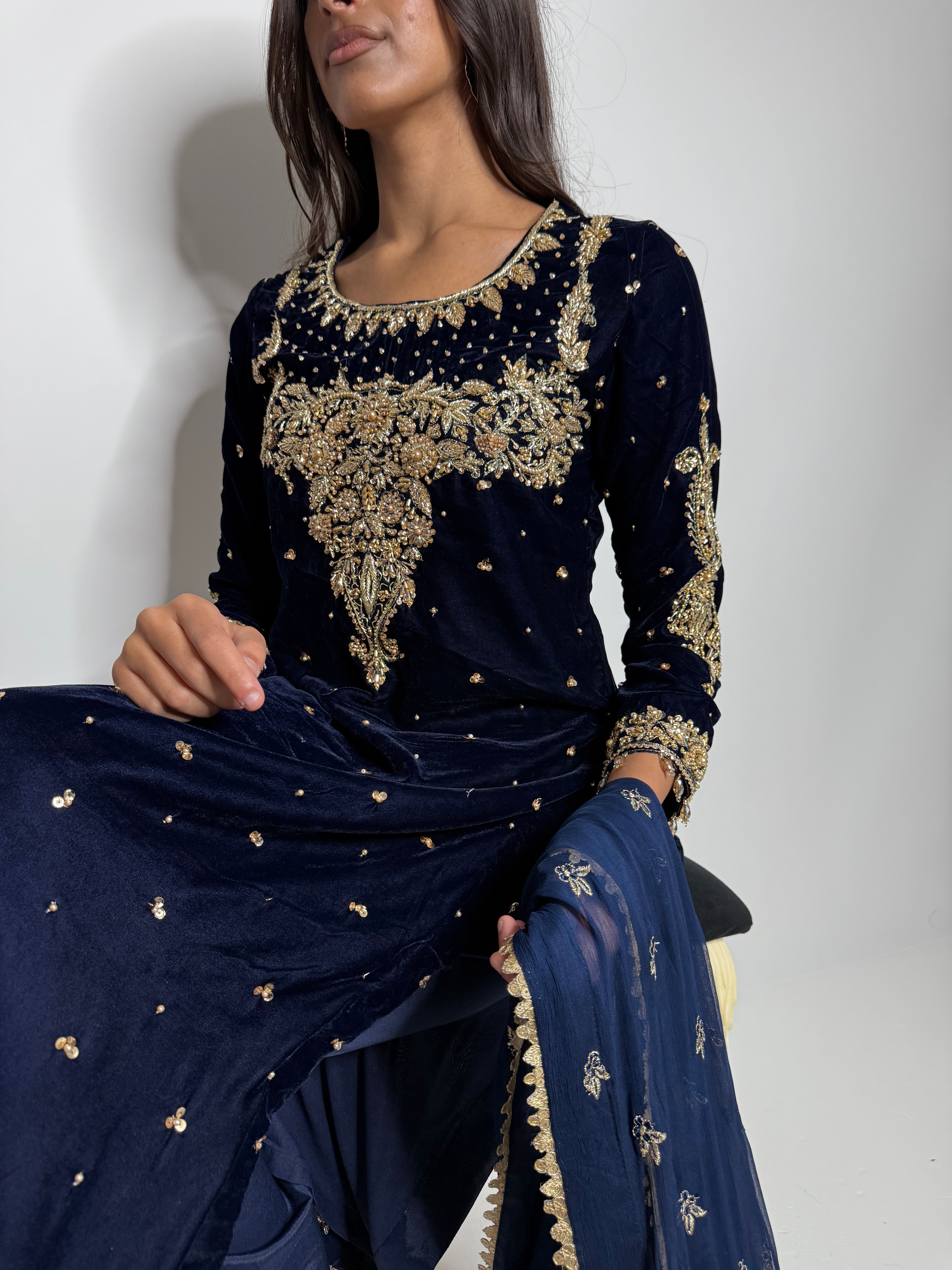 Nerina Navy Velvet Three-Piece Pakistani Wedding Suit
