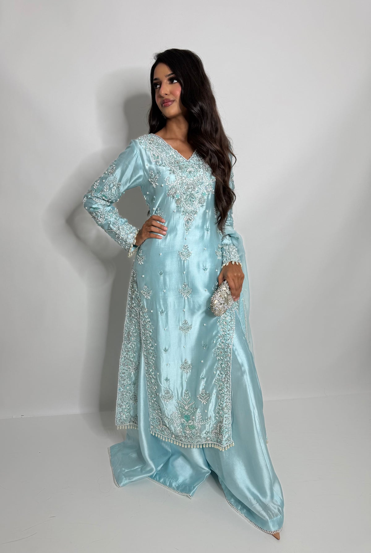 ÉLODIE ICE BLUE HAND EMBELLISHED SILK THREE PIECE SUIT