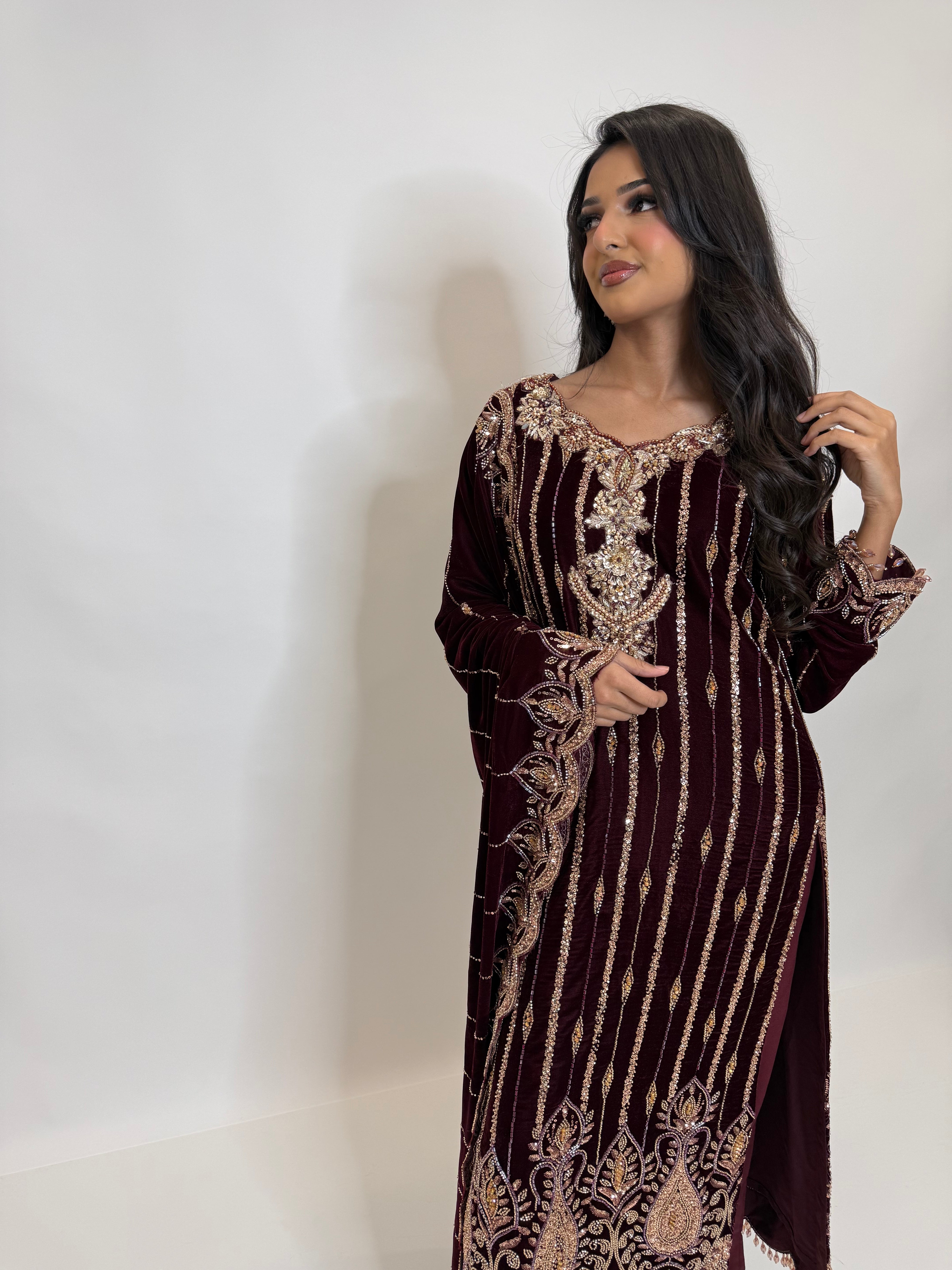 Wine velvet three piece Pakistani suit with pearl hand embroidery