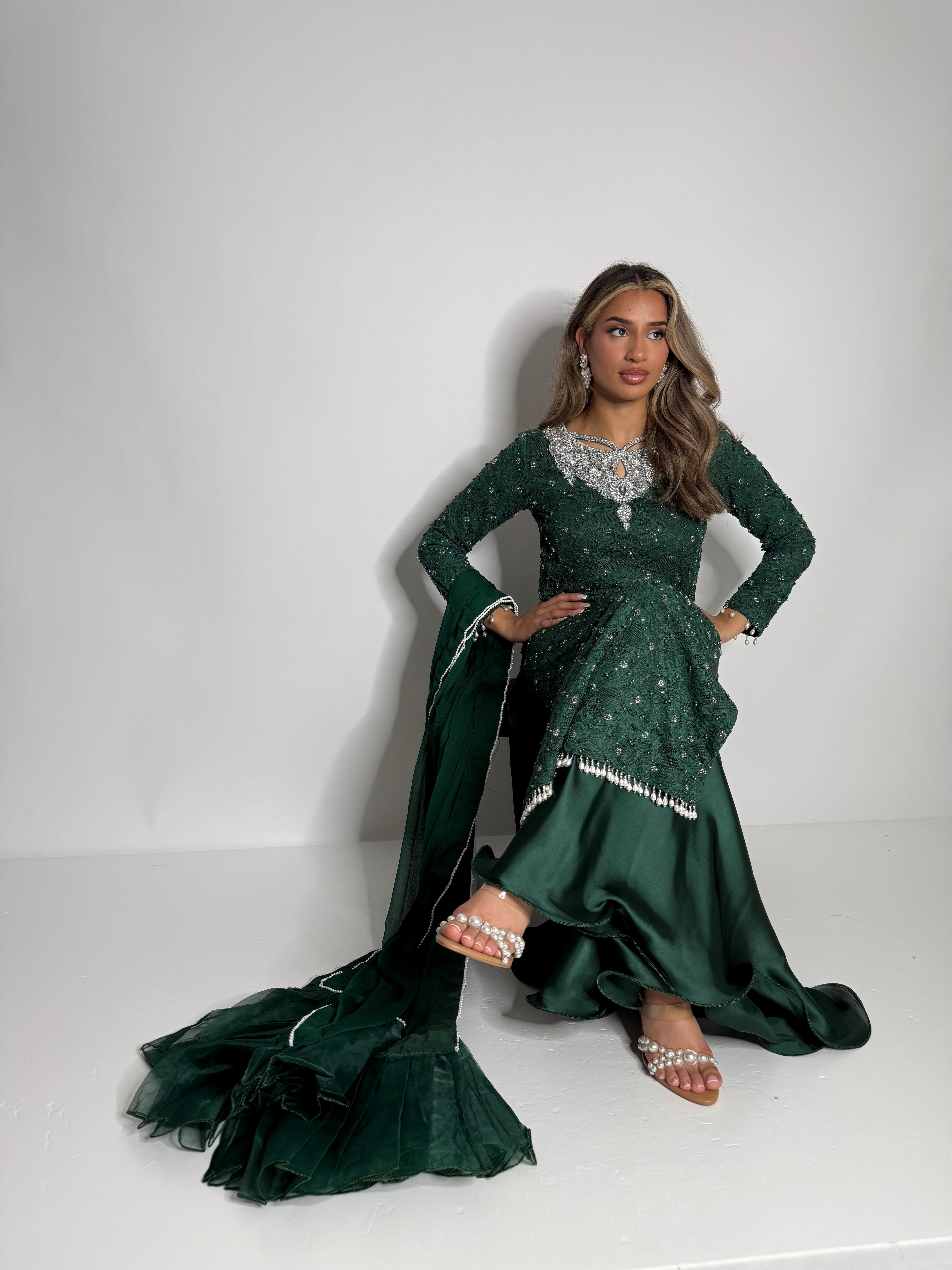Ameliyana Boutique emerald pearl-embellished three-piece for weddings, engagements, and formal occasions