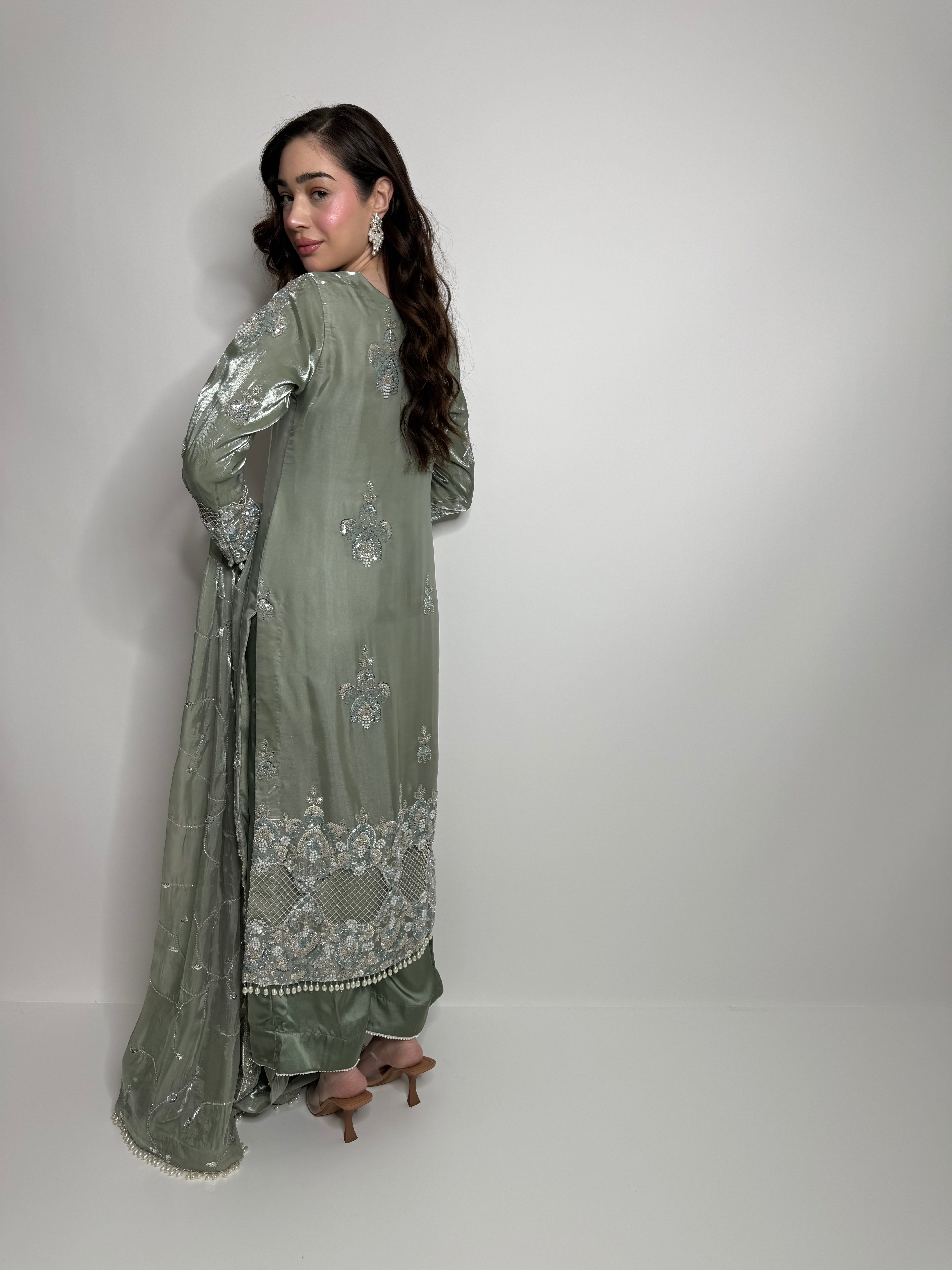 Elowen Sage Cutdana-Embroidered Three-Piece Eid formal wear