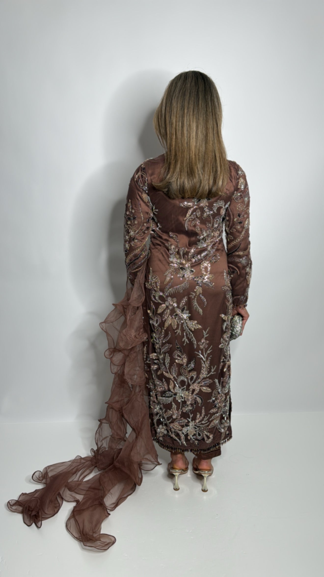 Brown Pakistani wedding outfit with embroidered trousers