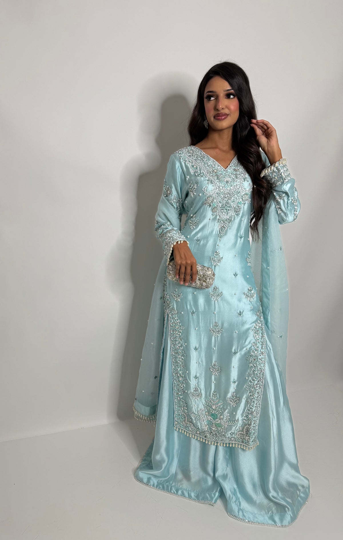 ÉLODIE ICE BLUE HAND EMBELLISHED SILK THREE PIECE SUIT