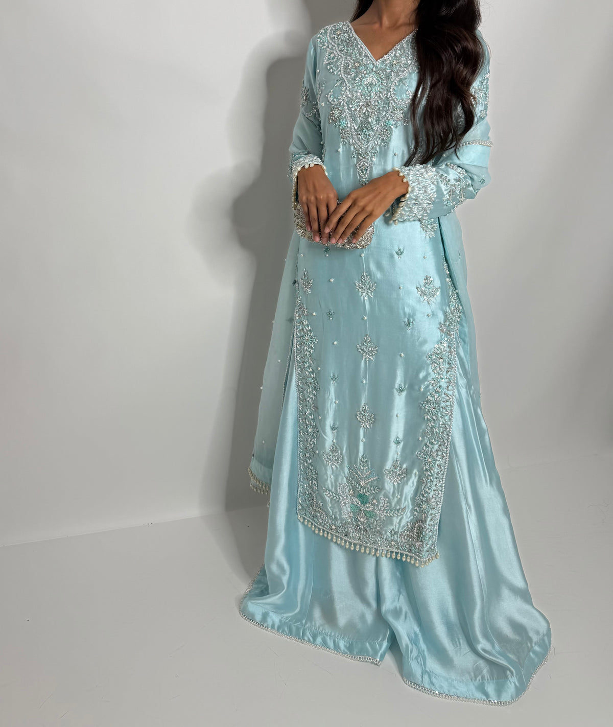 ÉLODIE ICE BLUE HAND EMBELLISHED SILK THREE PIECE SUIT