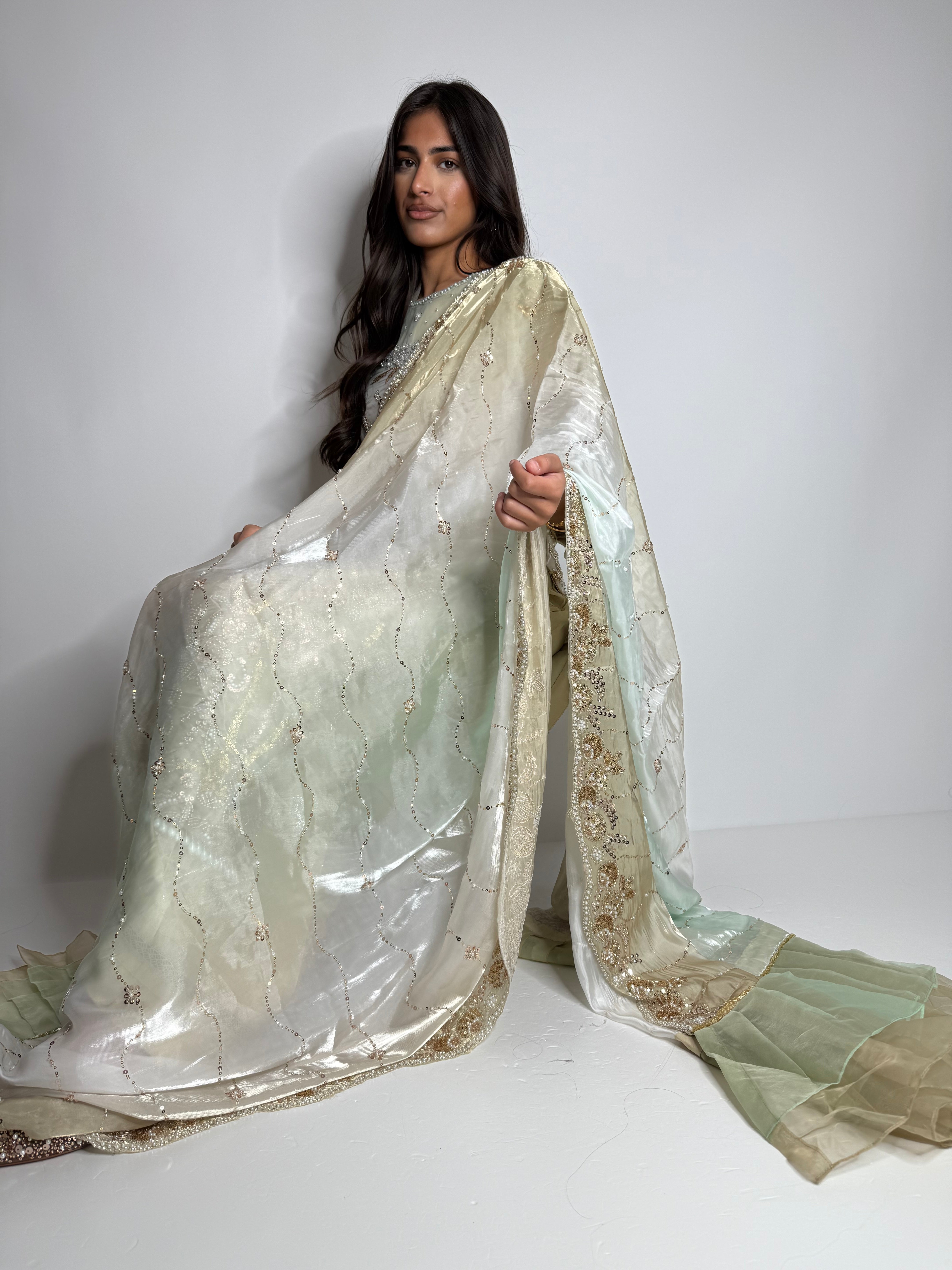 Ayleen Ivory Gold Silk Three-Piece with Embroidered Dupatta