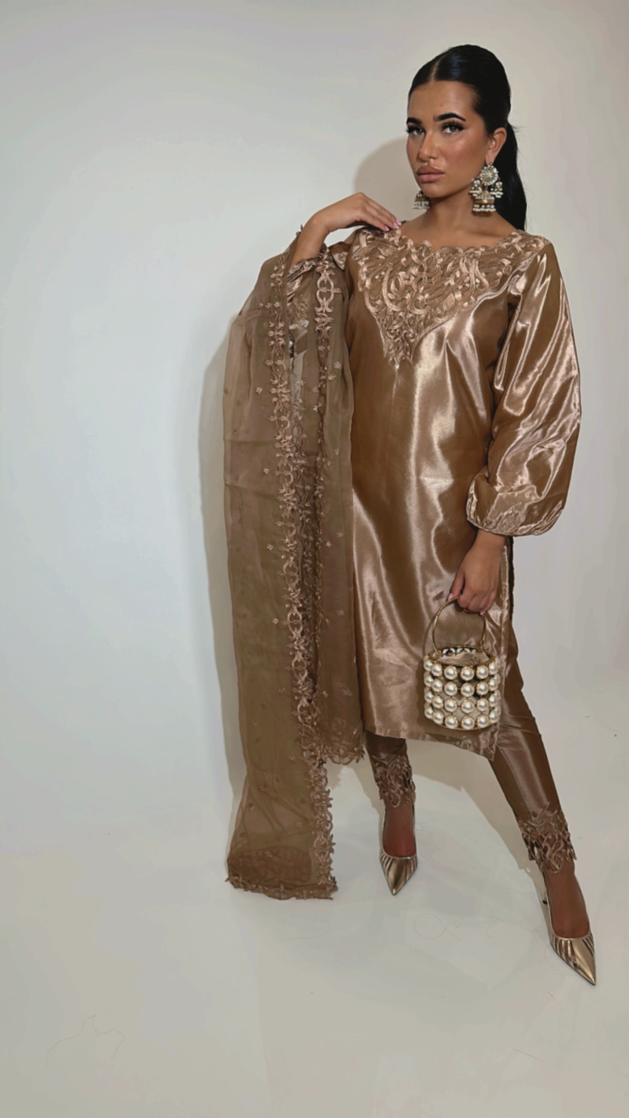 Kim – Bronze Silk Pakistani Three Piece Suit