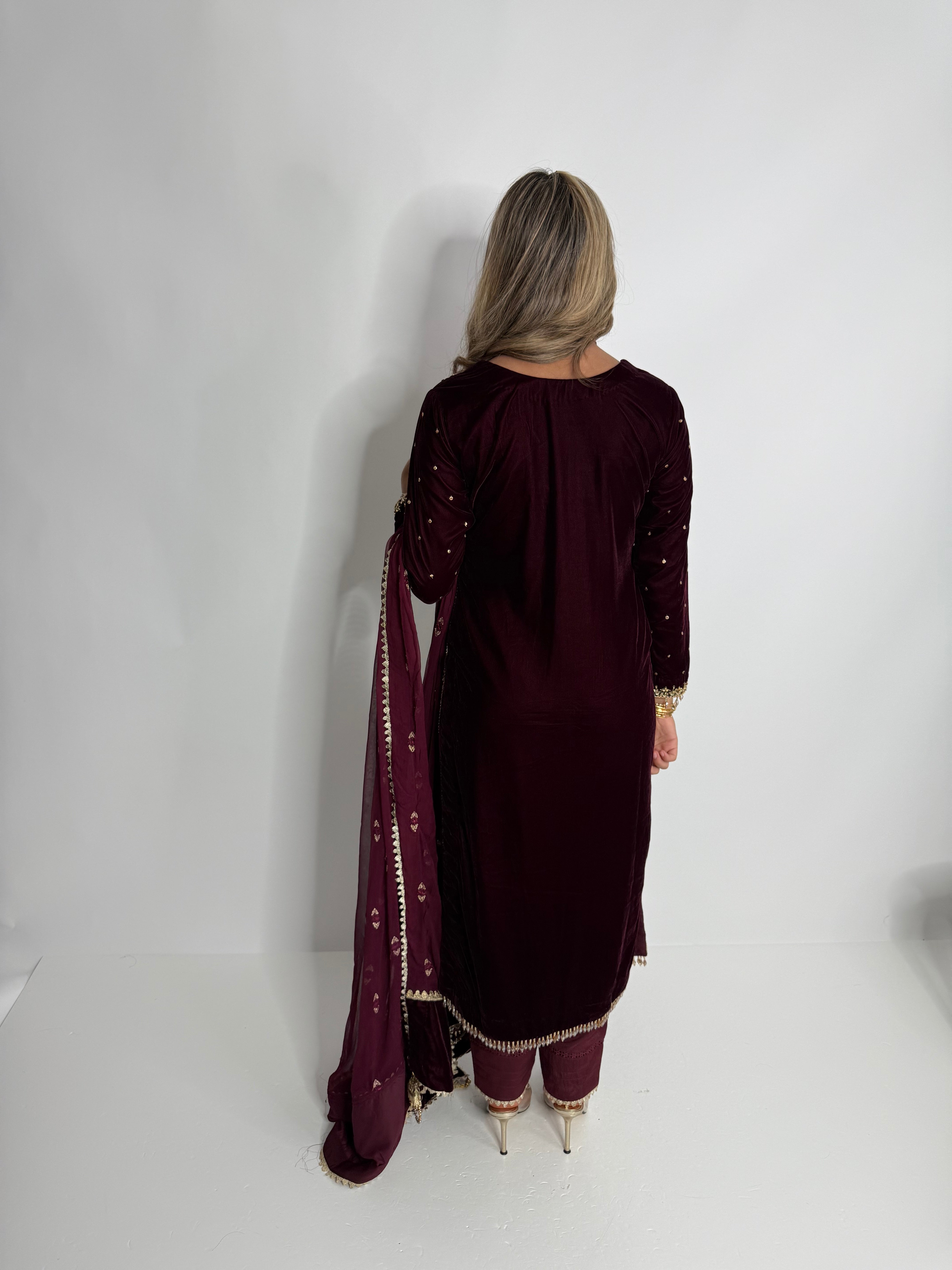 Maeryn Maroon Velvet Three-Piece Pakistani Wedding Suit