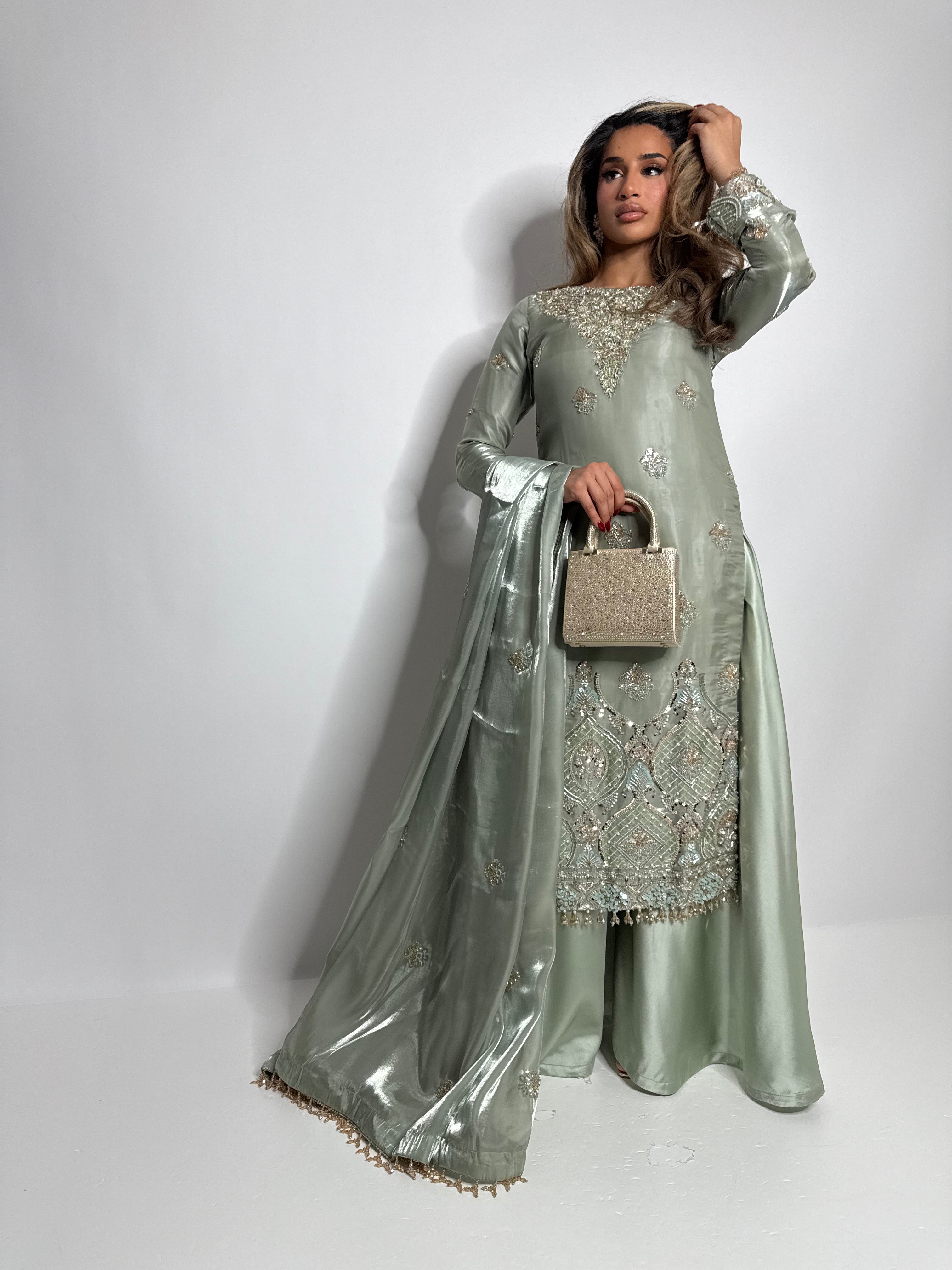Pakistani silk embroidered three-piece outfit with trousers