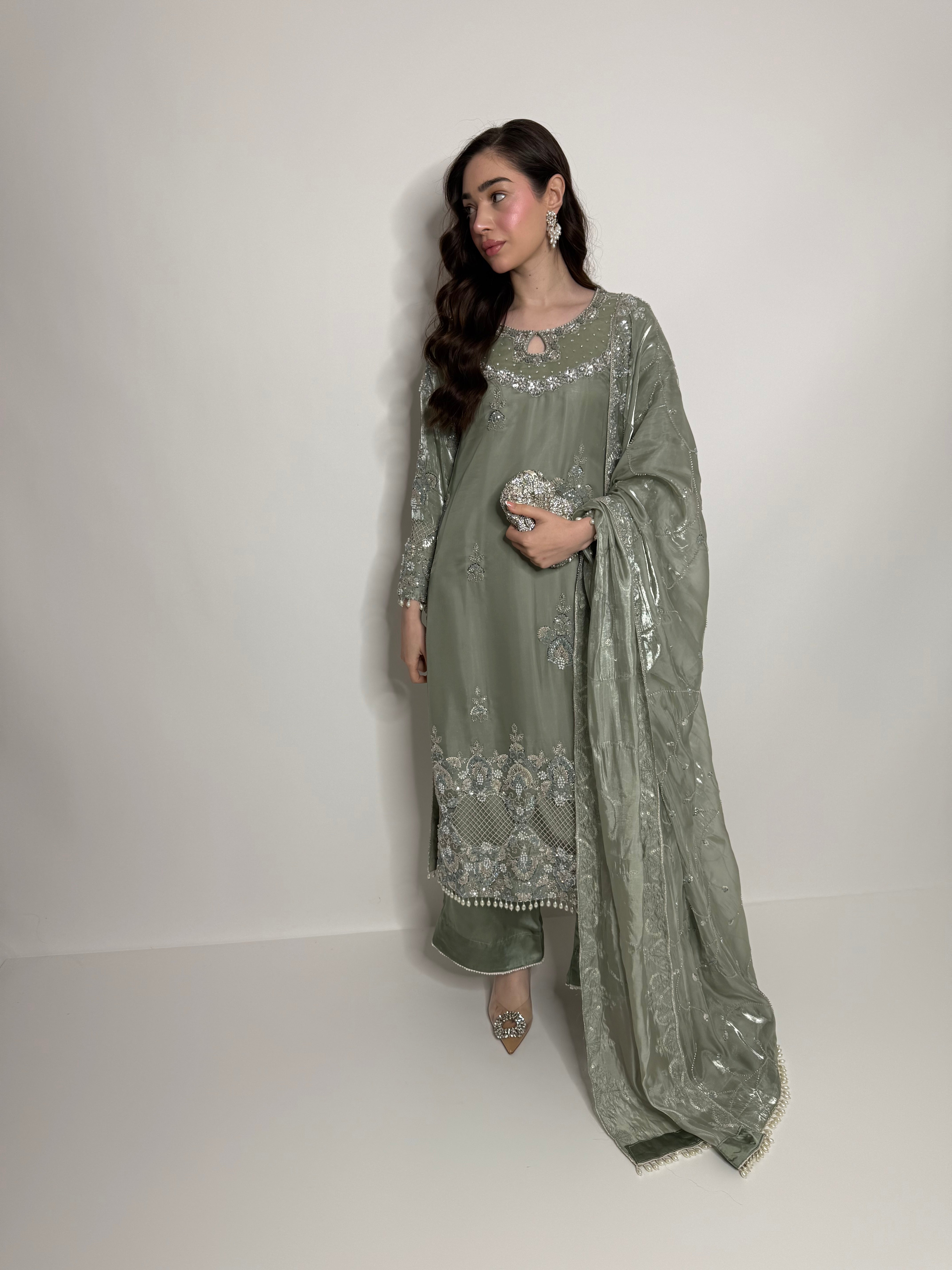 Elowen Sage Cutdana-Embroidered Three-Piece Eid formal wear