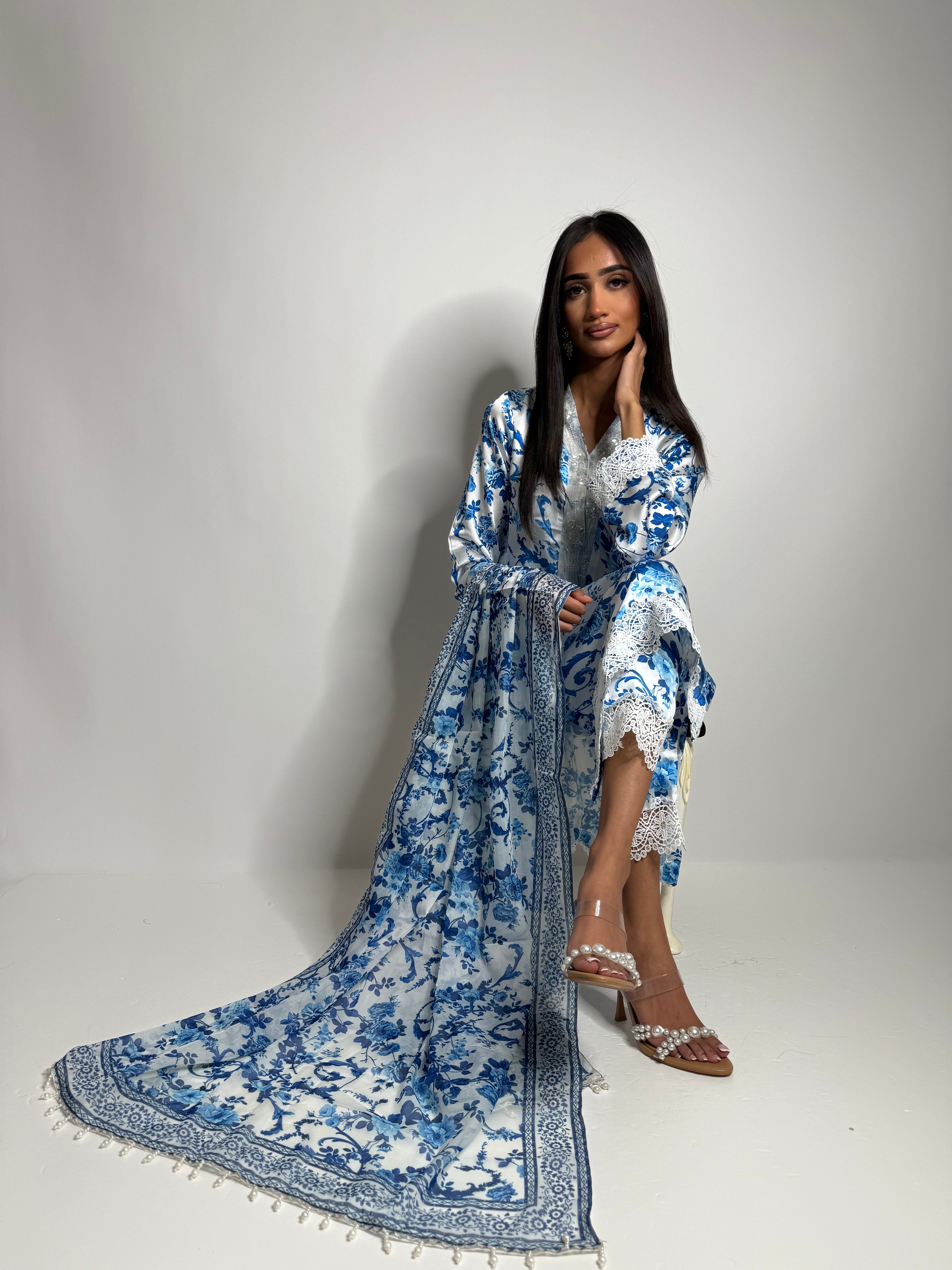 Pakistani blue and white silk outfit with printed chiffon dupatta – Elysian Blue Ameliyana Boutique