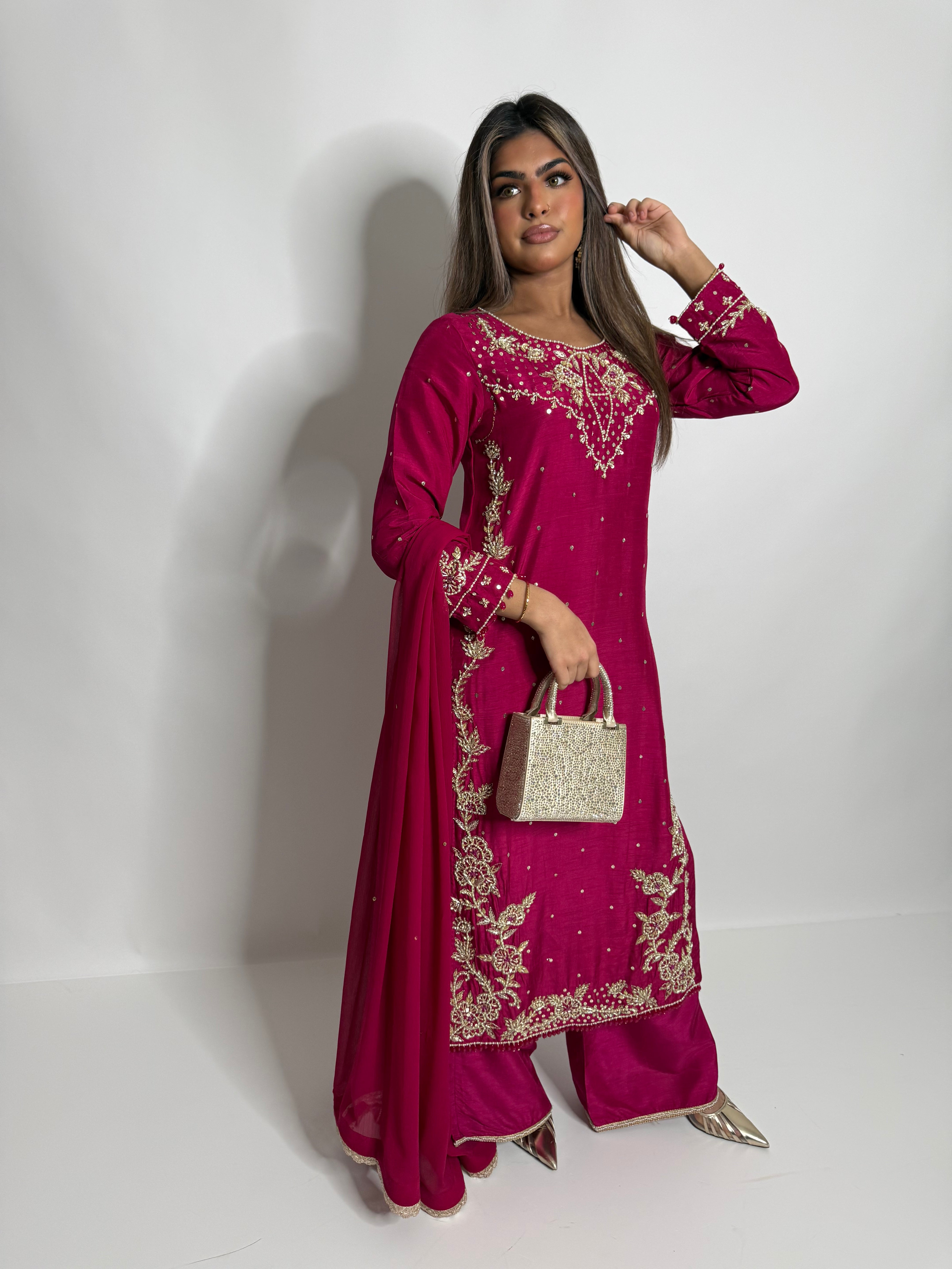 Hot Pink Raw Silk Three Piece Suit UK | The Celestine