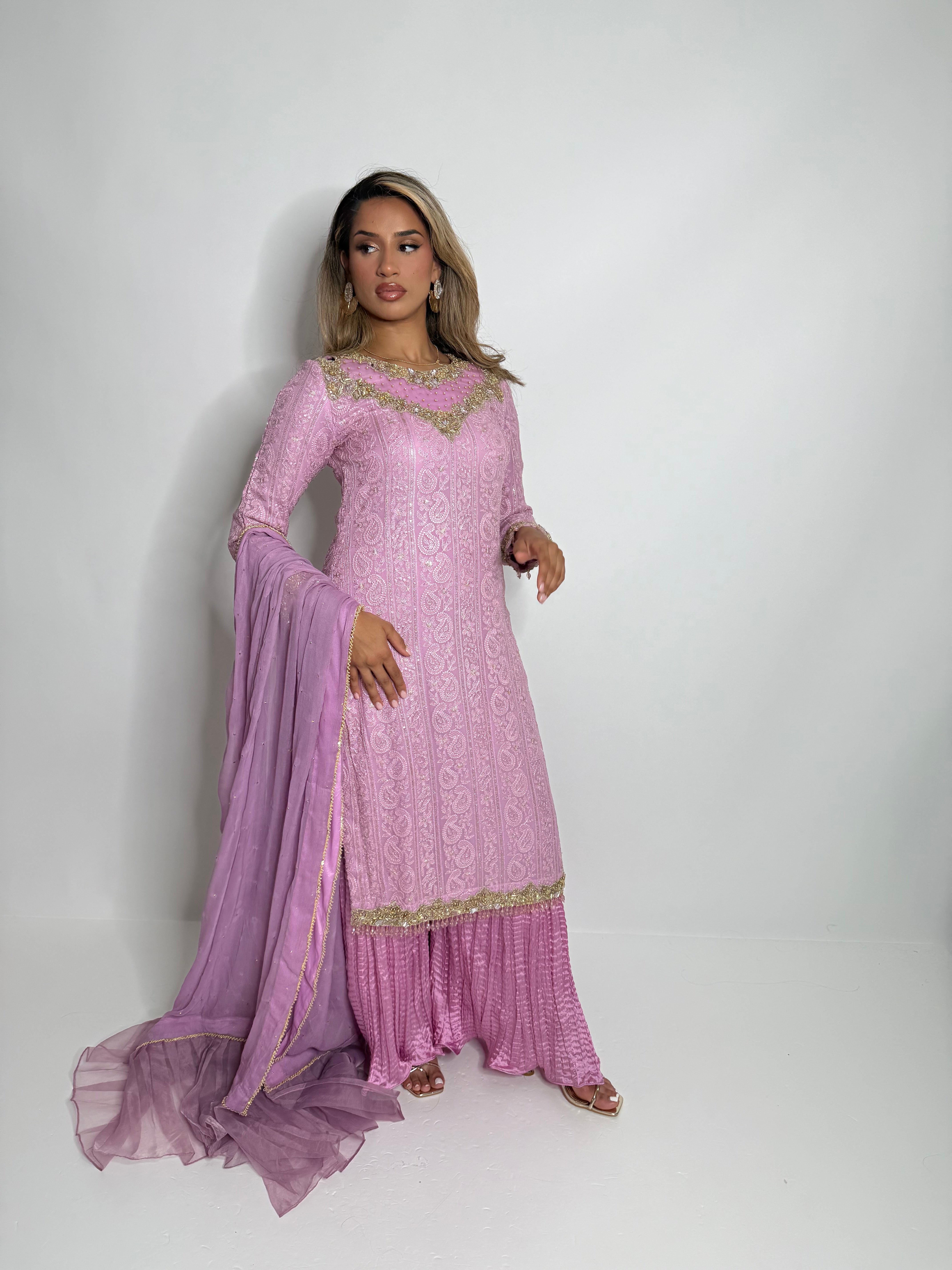 Pakistani designer suit in blush pink with palazzo and chiffon dupatta