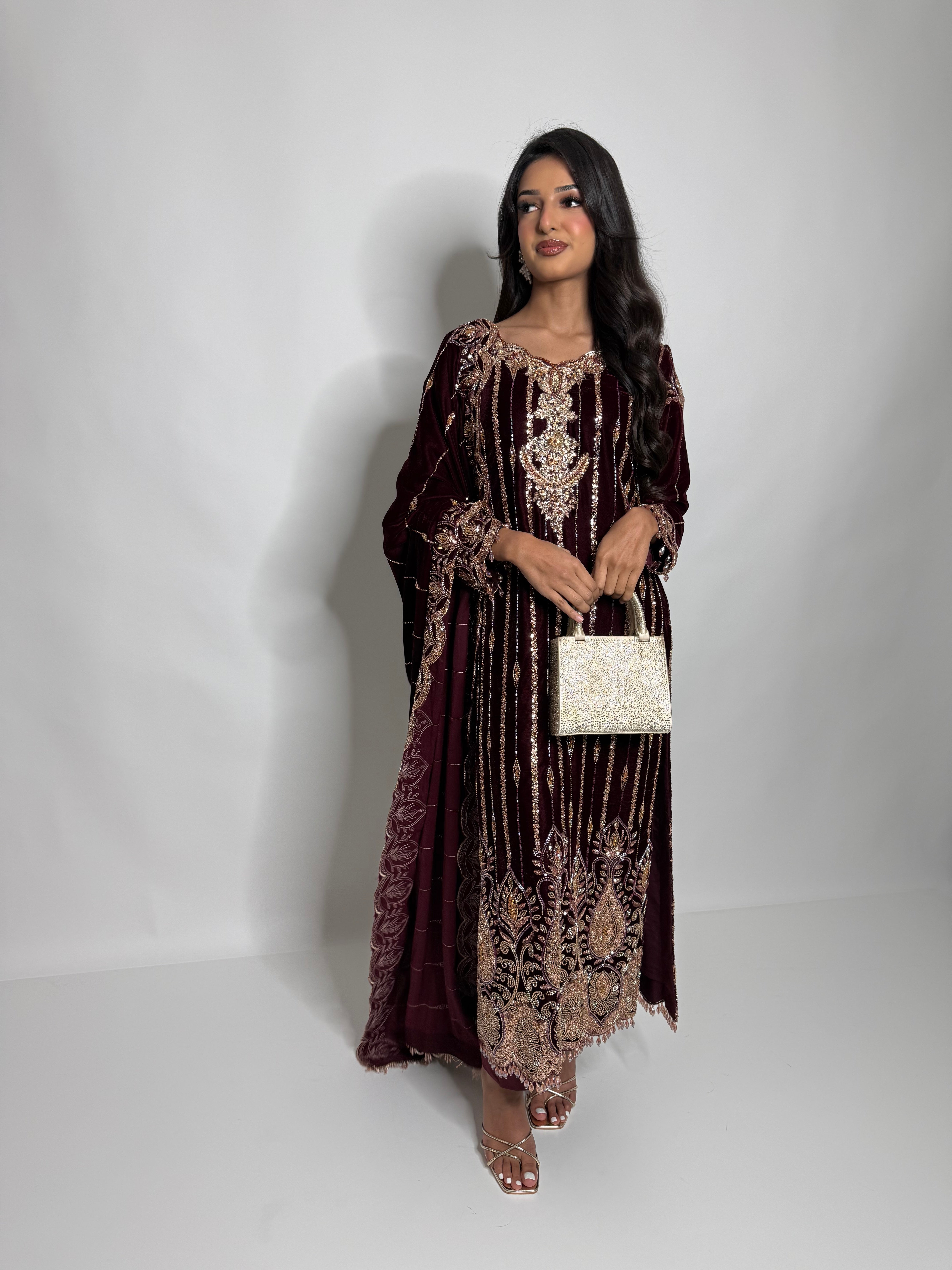 Wine velvet 3 piece suit with pearl detailing and plain trousers