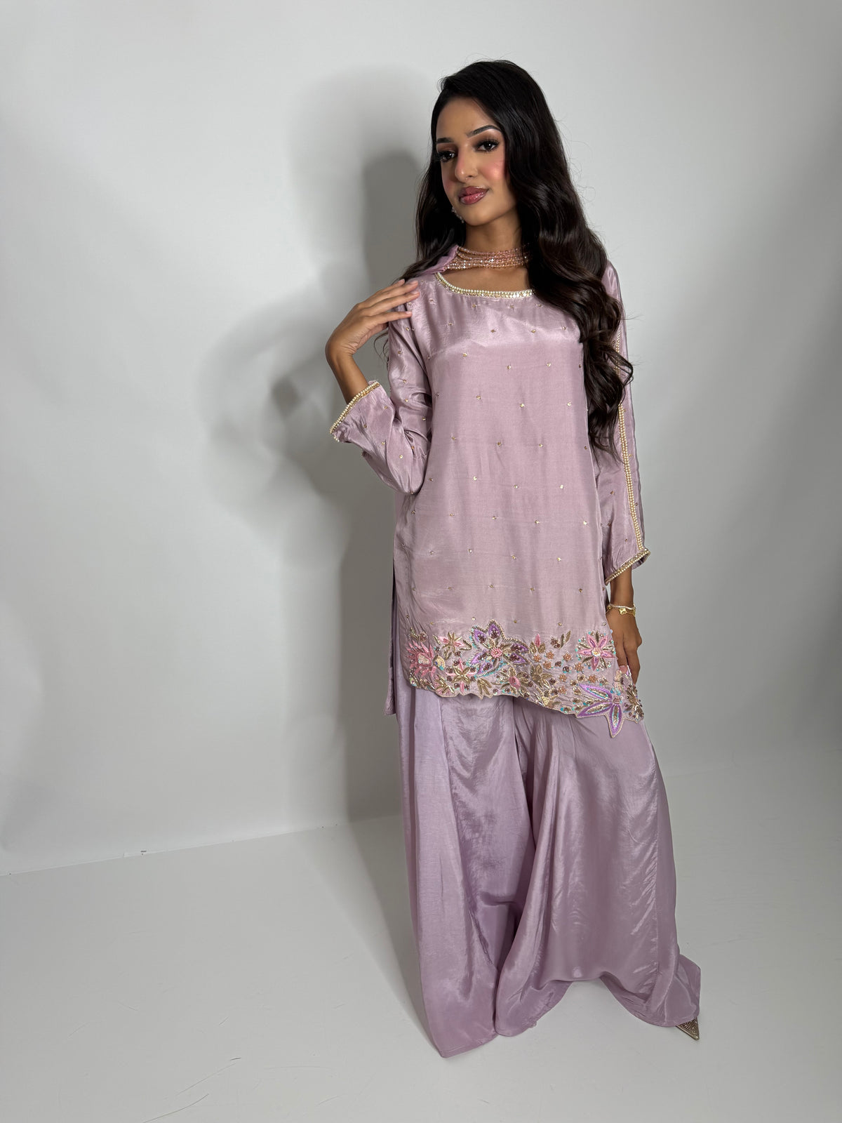 LILAC SILK EMBROIDERED SHARARA THREE PIECE SUIT | THE LILIANA