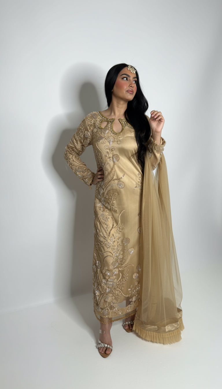 Gold cutdana embroidered Pakistani suit with pearl detailing – Ameliyana Boutique