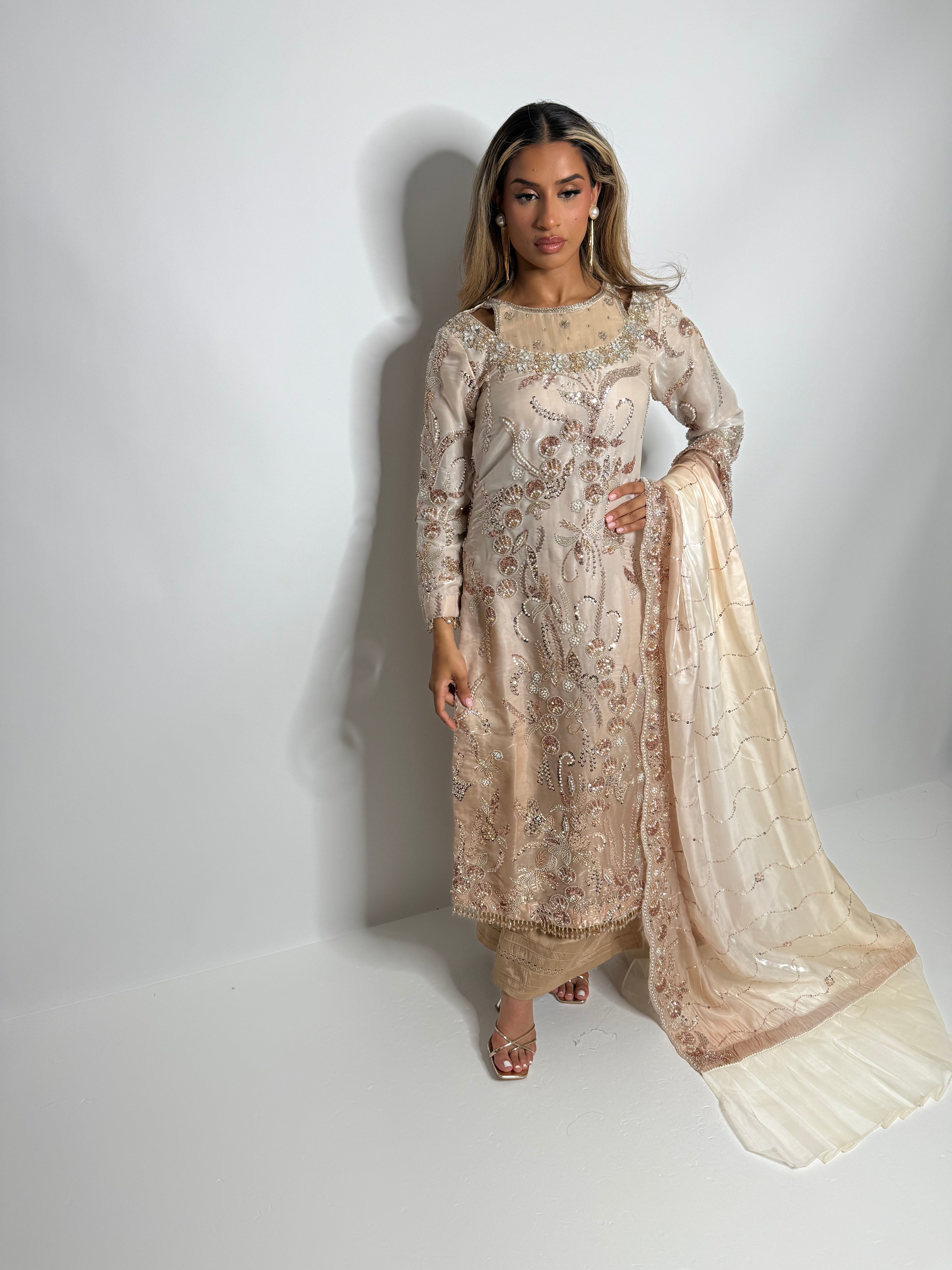 Aureva Nude Embellished Silk Three-Piece