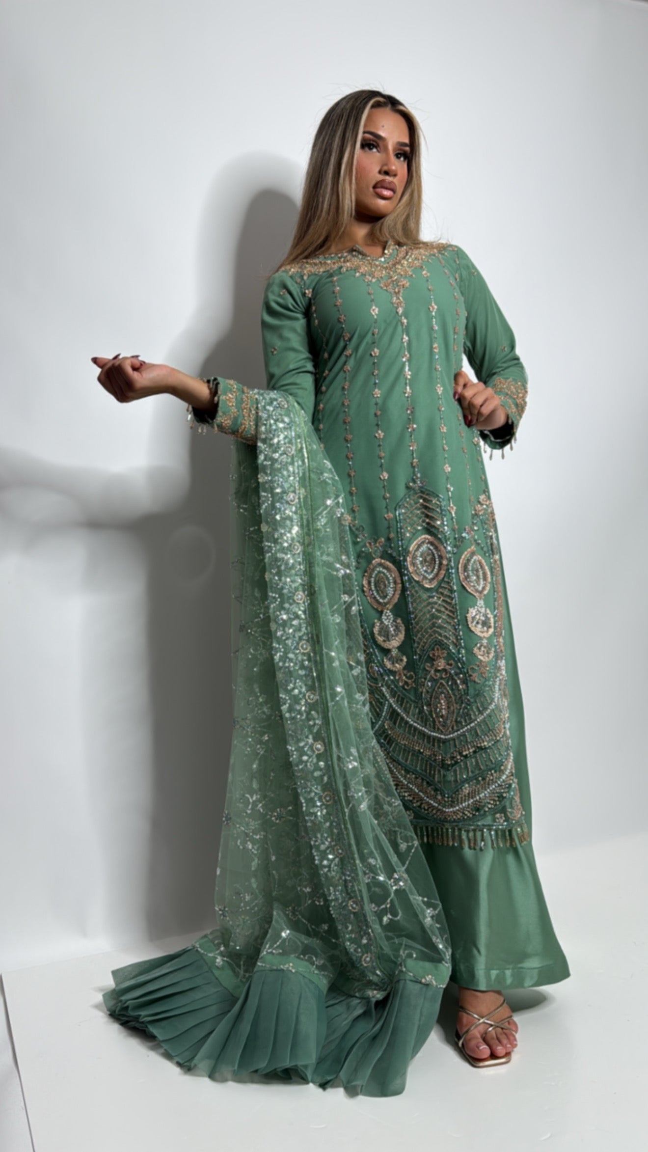Kensington Sage Cutdana Handworked Pakistani Suit