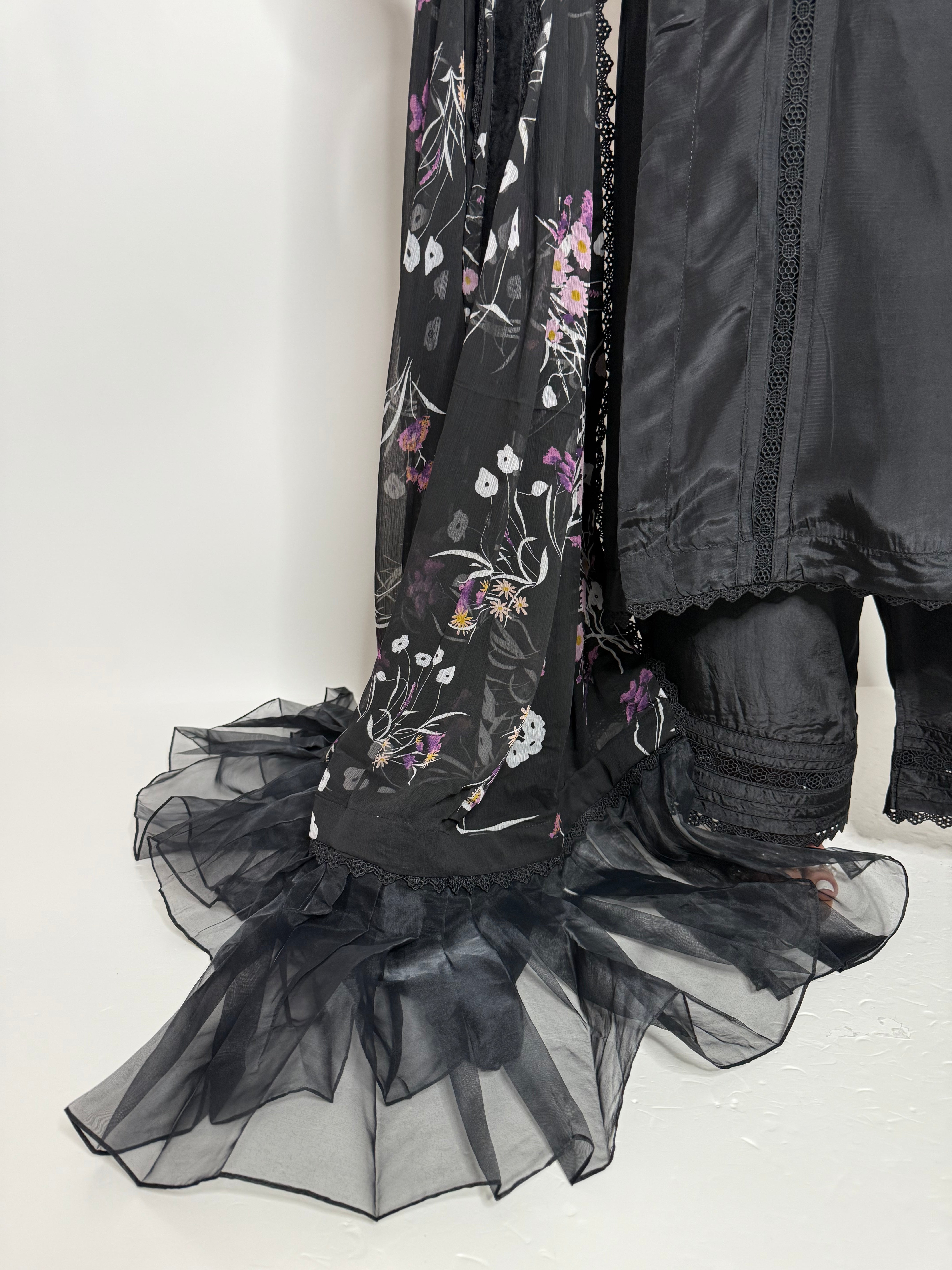 Maelis Noir Silk Three-Piece with Printed Dupatta