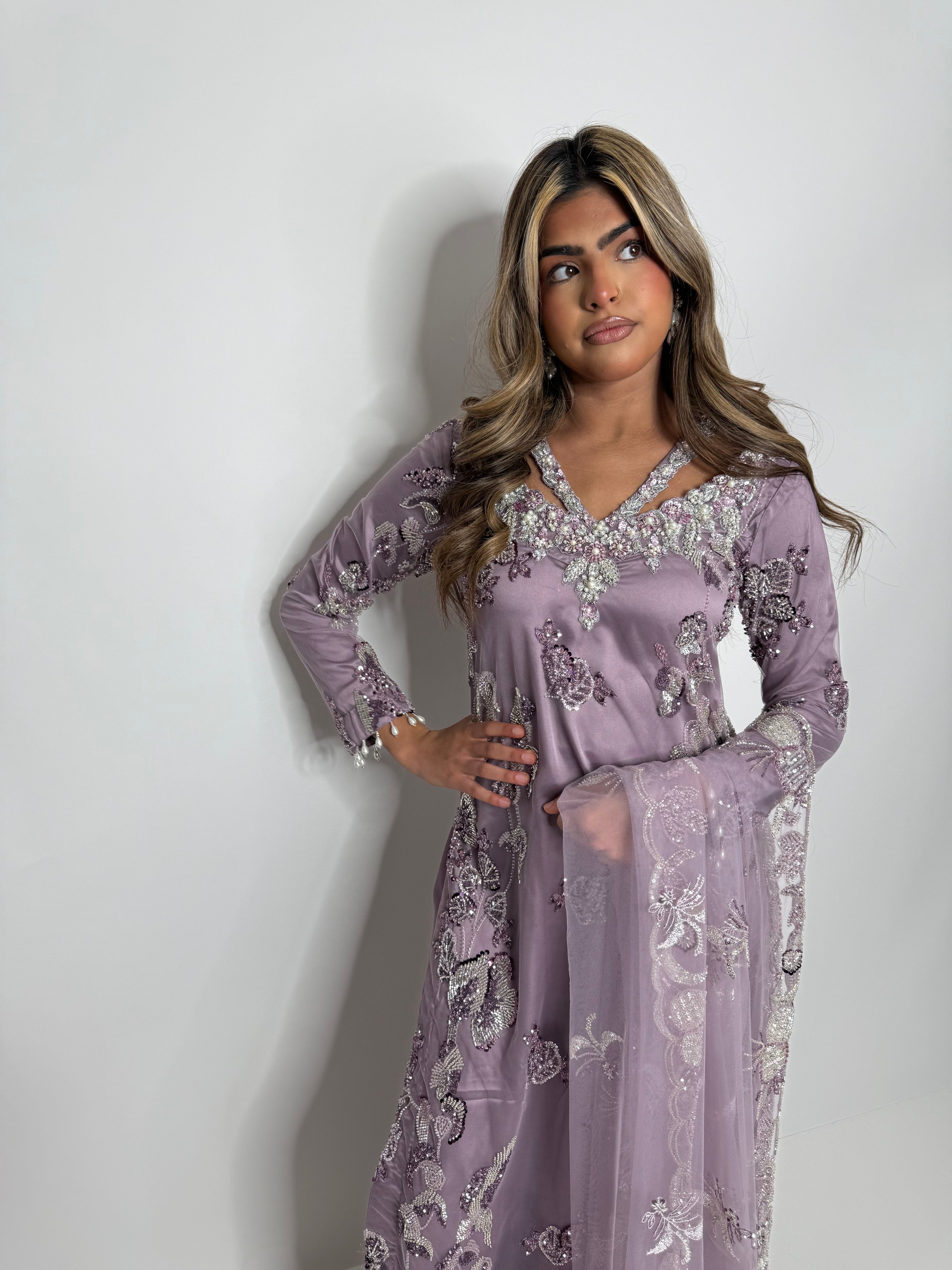Pakistani formal wear mauve silk trousers with embroidered shirt and dupatta