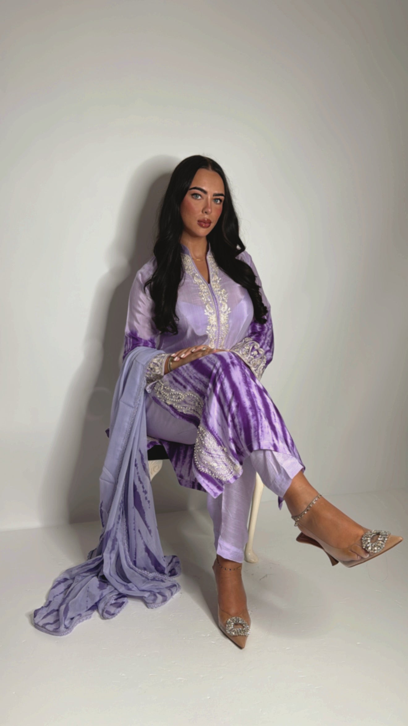 Lilac and purple silk Pakistani outfit with ivory embroidery — three-piece set