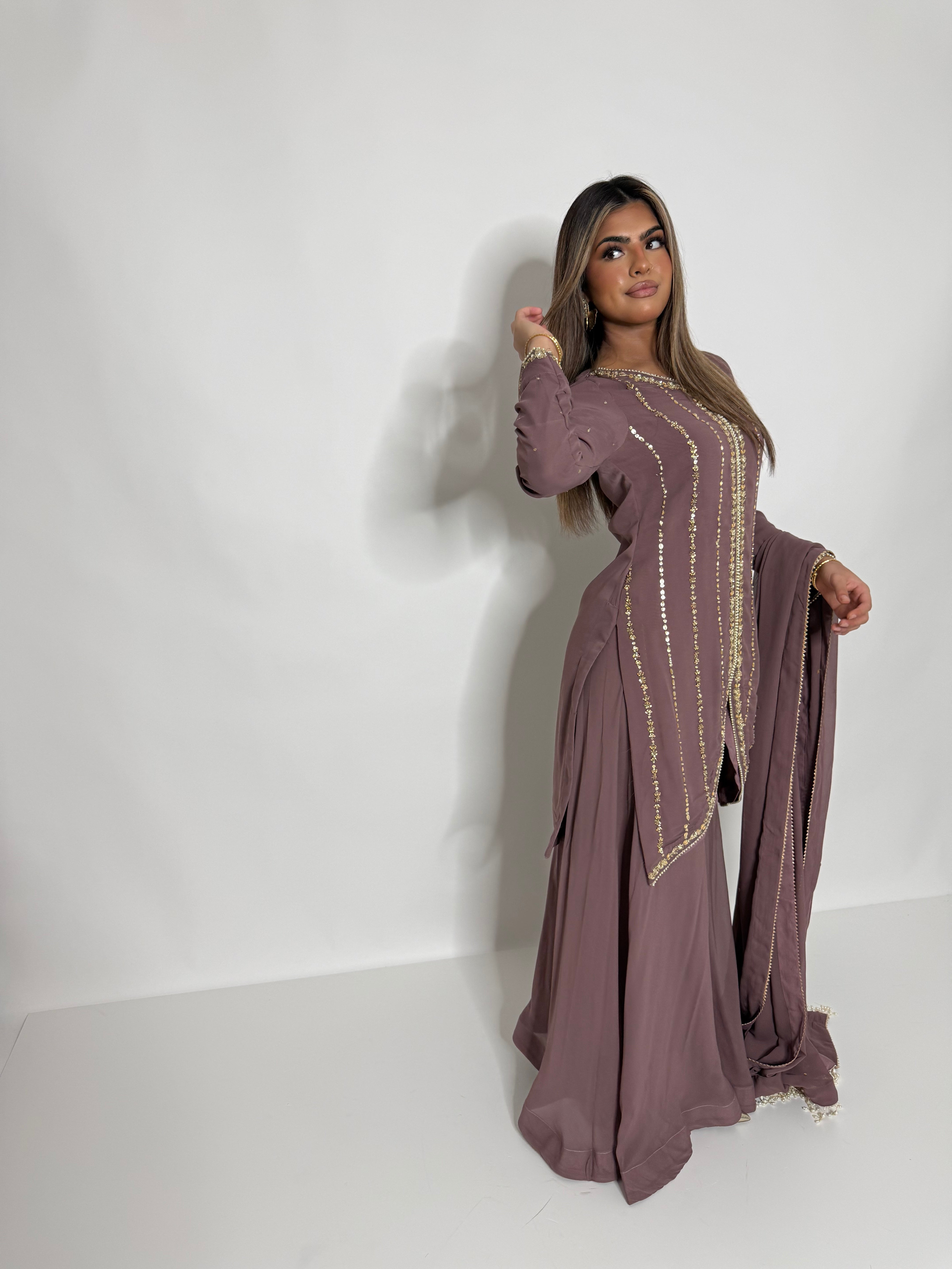 RUMAISA TAUPE GOLD GEORGETTE SHARARA SUIT