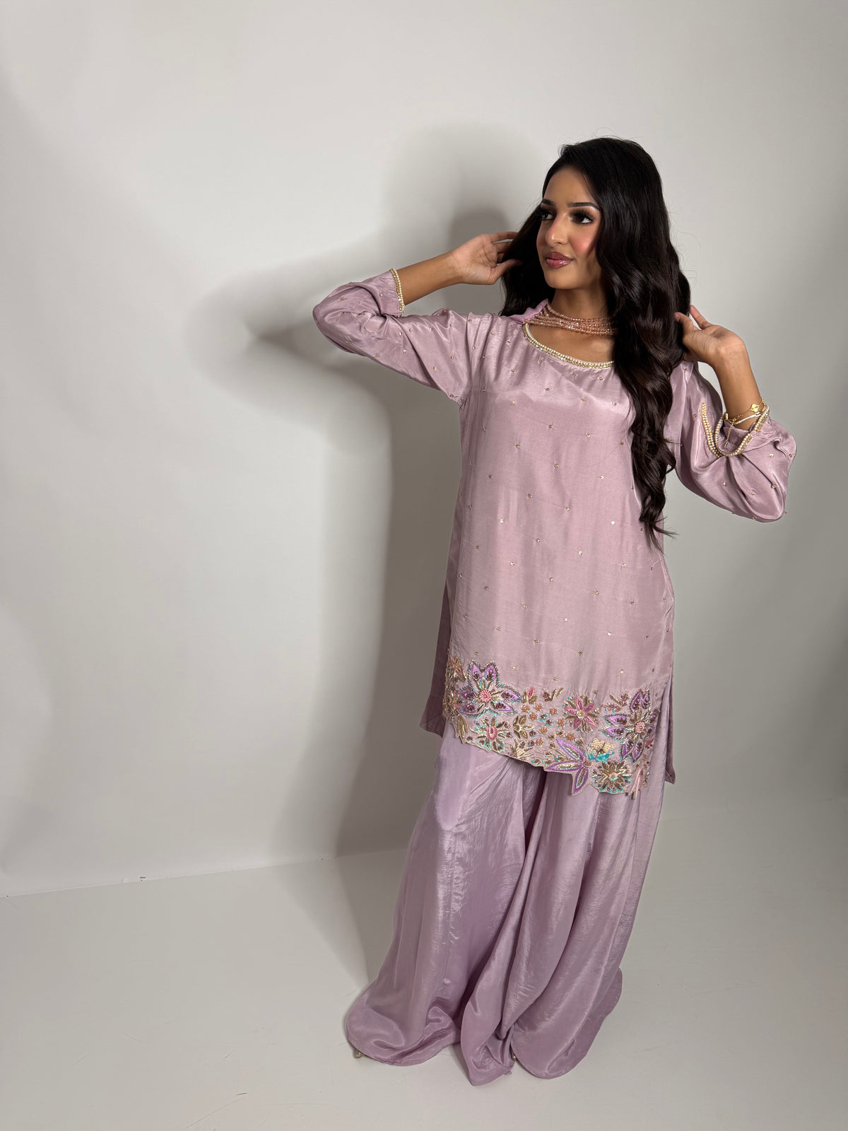 LILAC SILK EMBROIDERED SHARARA THREE PIECE SUIT | THE LILIANA