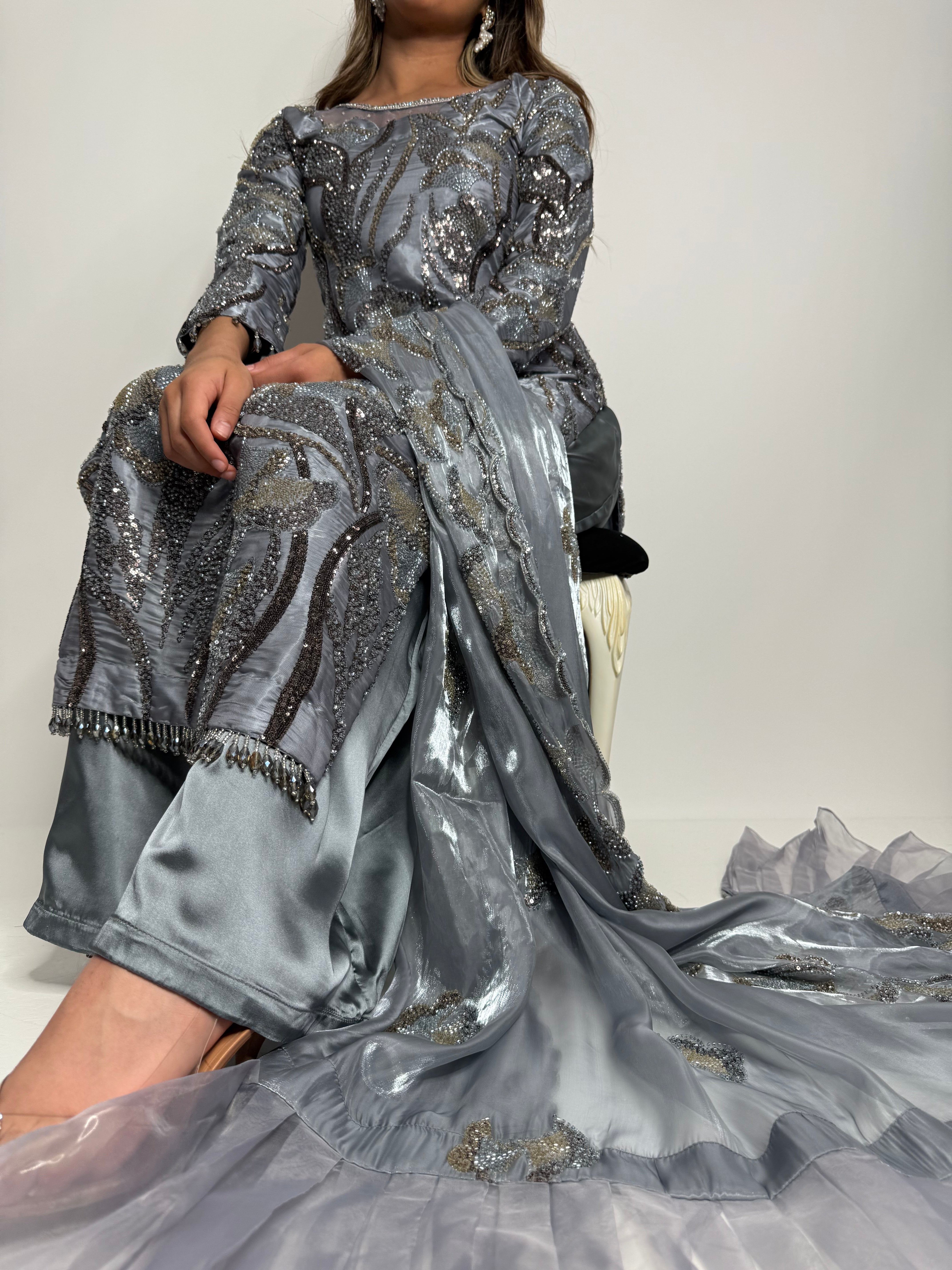 Selara Silver Grey Embroidered Silk Pakistani Suit
