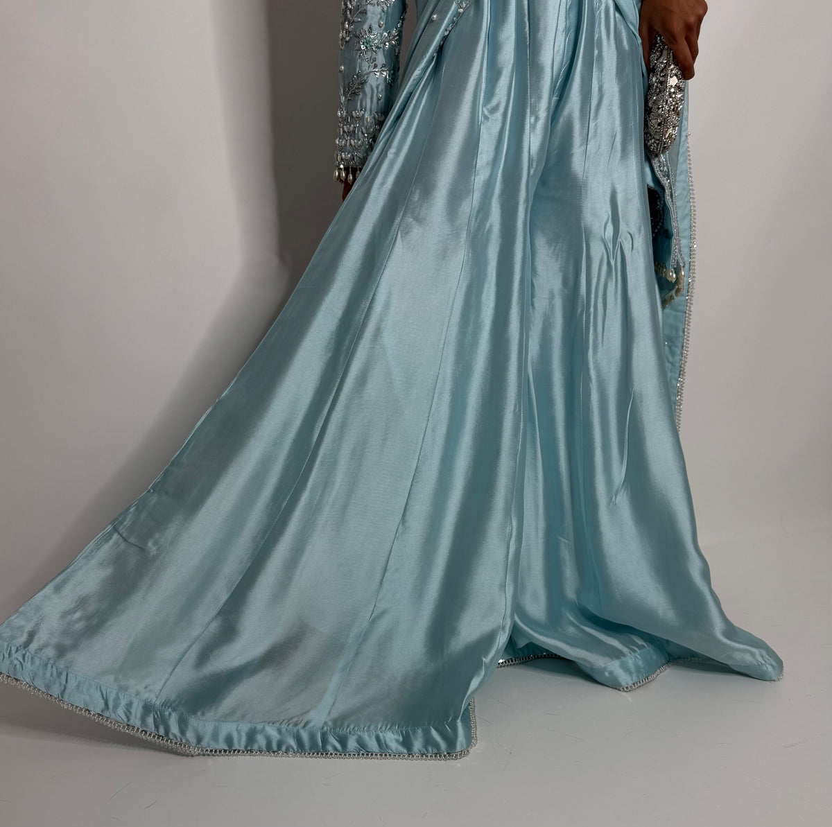 ÉLODIE ICE BLUE HAND EMBELLISHED SILK THREE PIECE SUIT