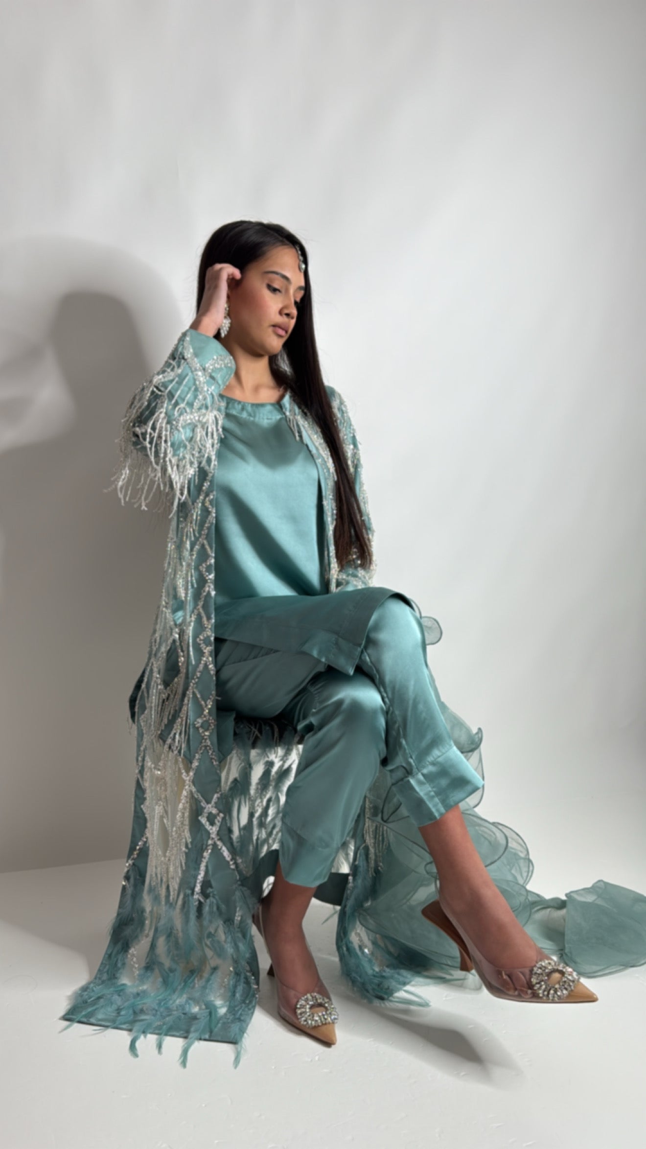 Belgravia Teal Embellished Jacket Pakistani Suit