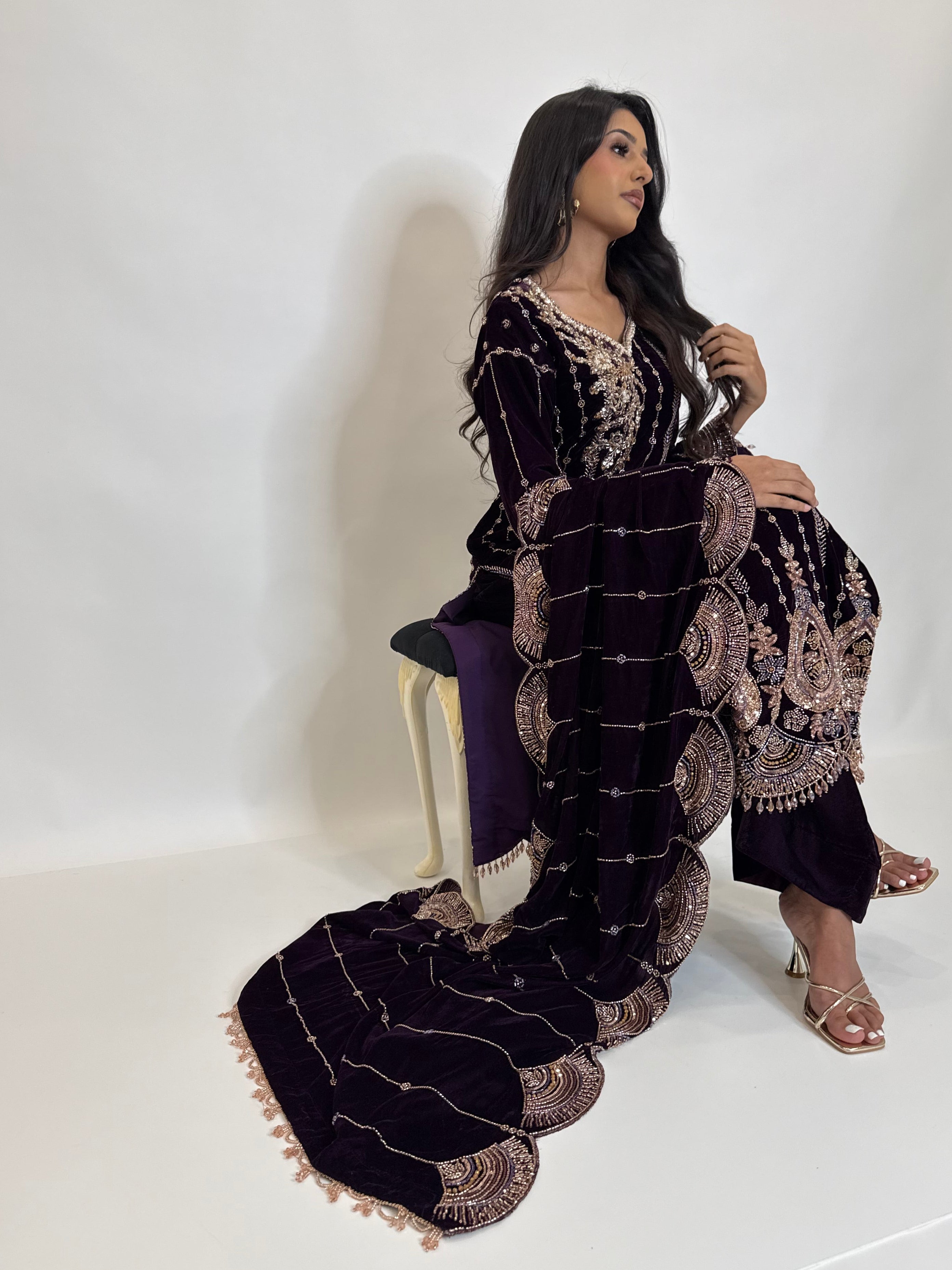 Zarielle Royale | Luxury Deep Violet Velvet Cutdana Embroidered Pakistani Suit (3 Piece)