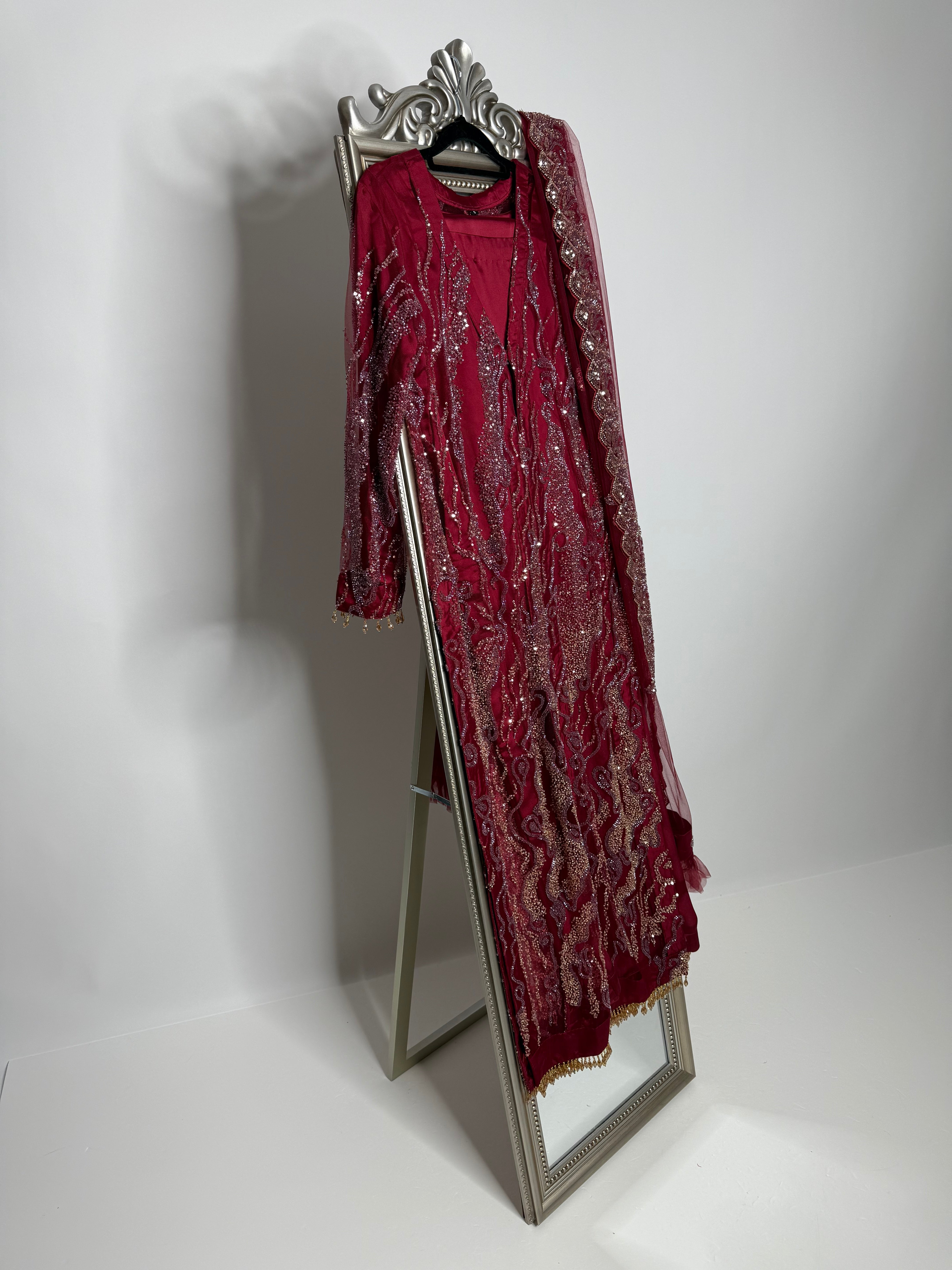 Pakistani wedding guest embroidered outfit with silk trousers and net dupatta – Ameliyana Boutique