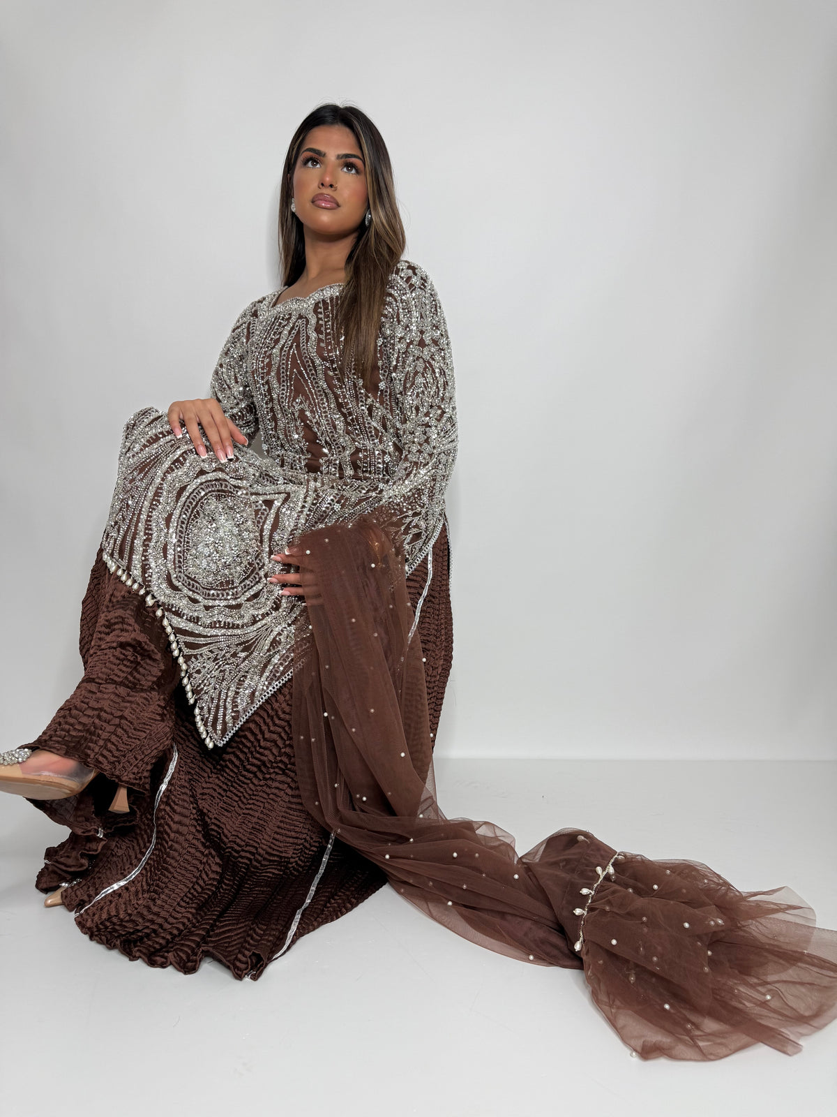 Arabella Mocha | Luxury Cutdana Embroidered Pakistani Suit with Sharara – 3 Piece