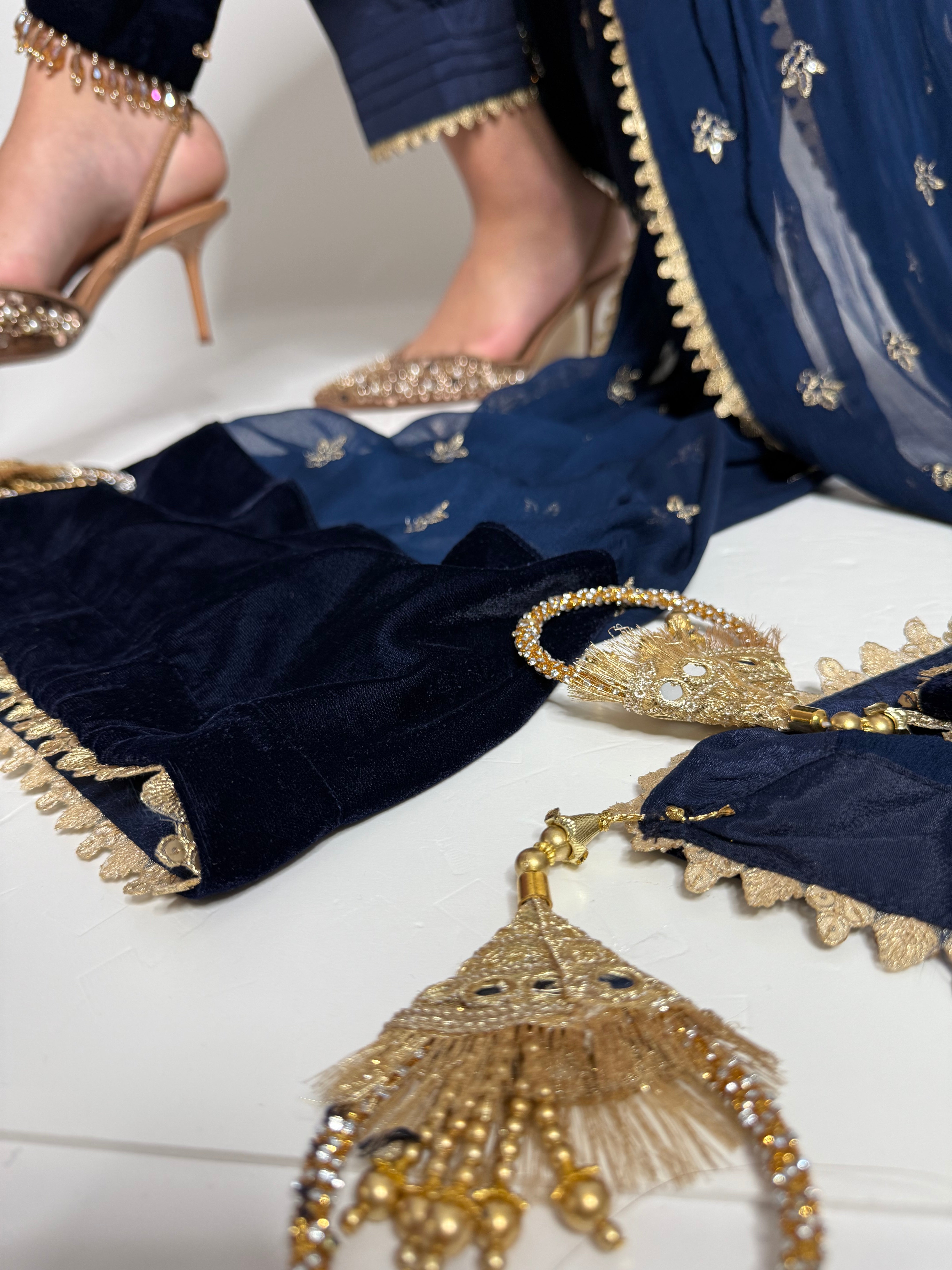 Nerina Navy Velvet Three-Piece Pakistani Wedding Suit