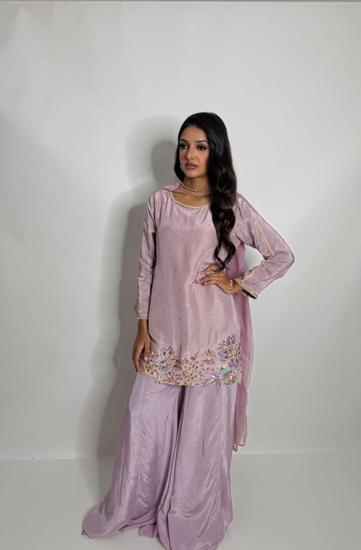 LILAC SILK EMBROIDERED SHARARA THREE PIECE SUIT | THE LILIANA