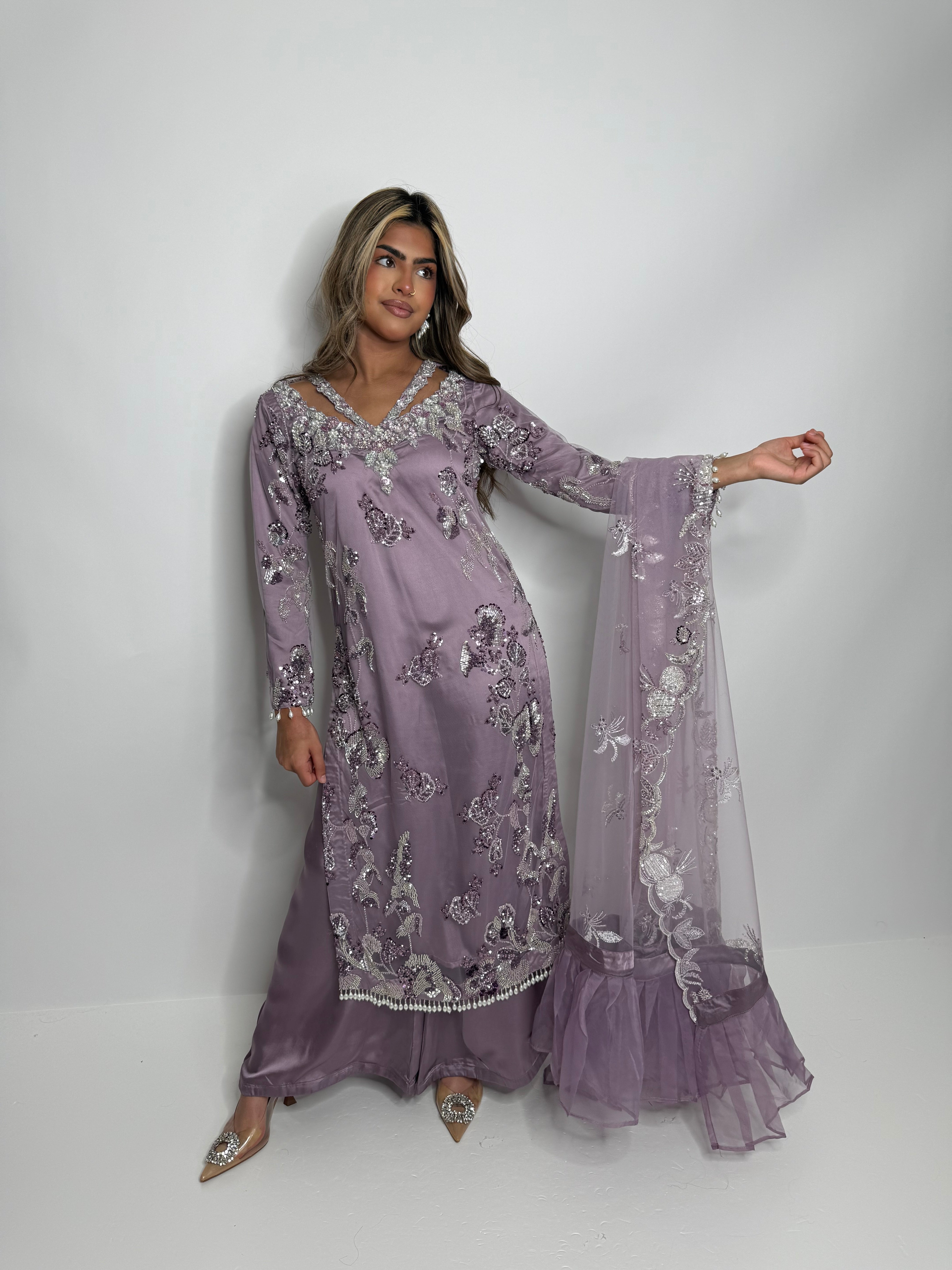 Mauve Pakistani cutdana embroidered three-piece outfit with silk trousers and embroidered dupatta