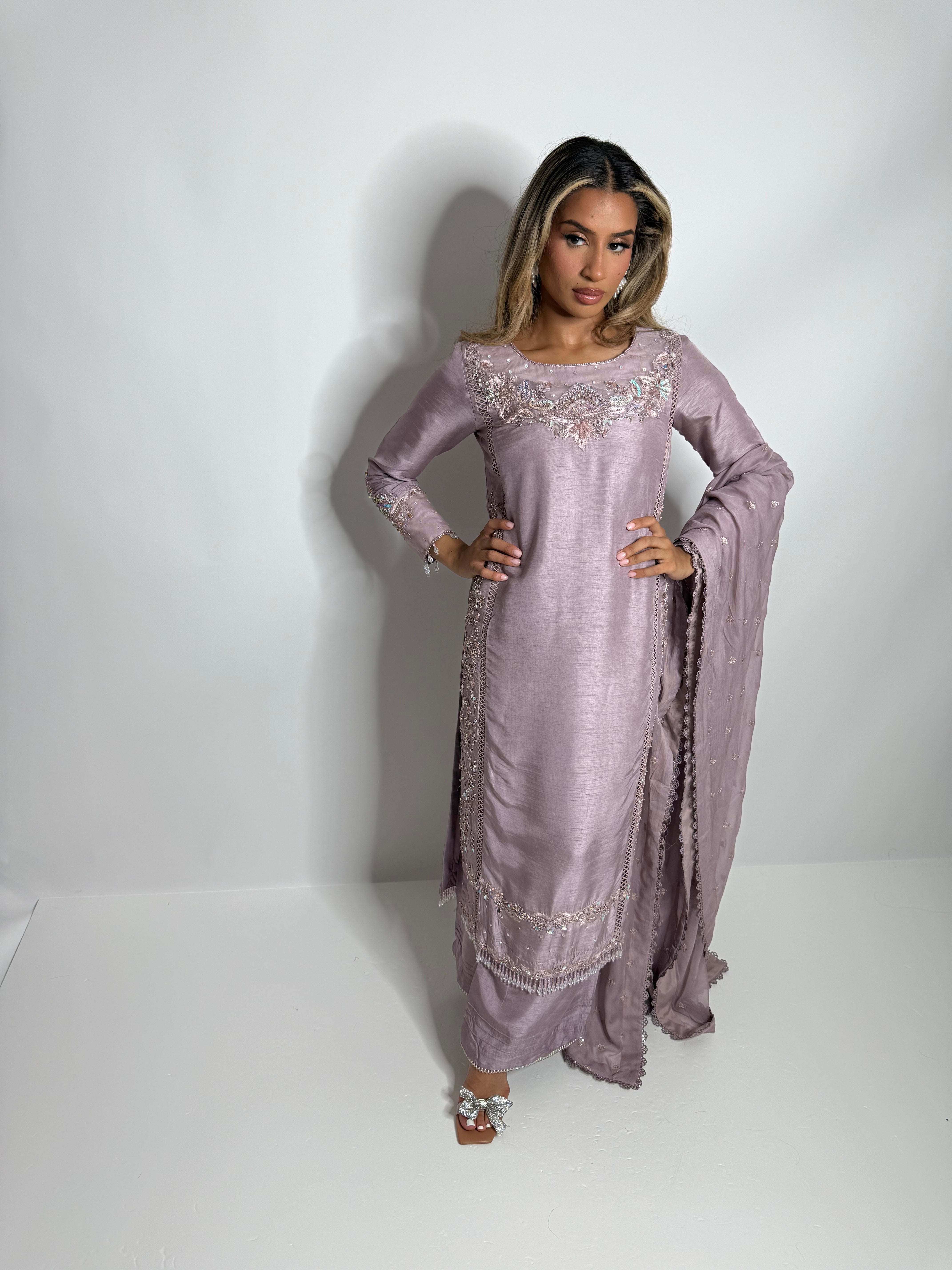 Pearl detailed raw silk Pakistani suit with flared trousers