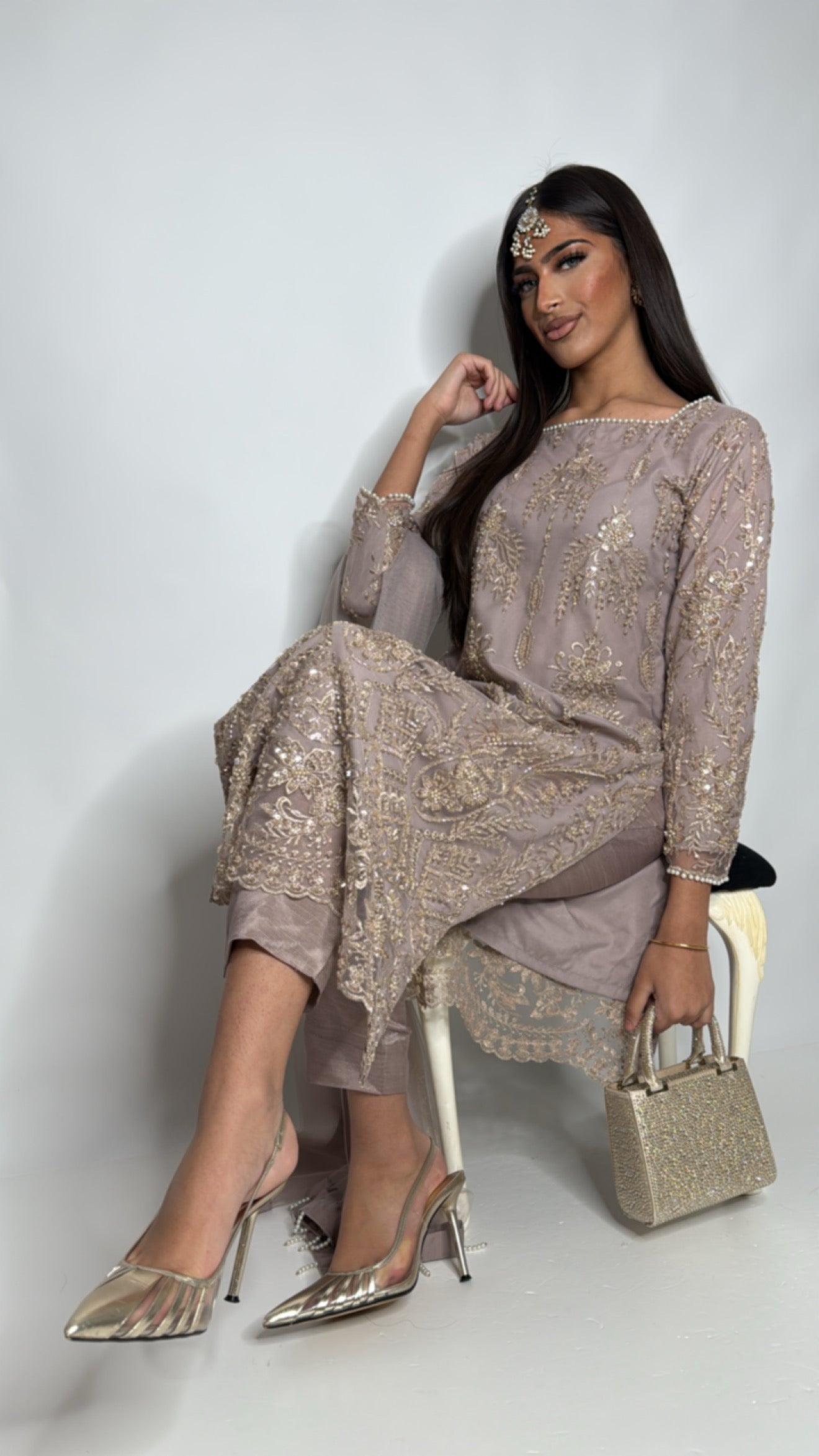 Isola Mocha Cutdana Embroidered Pakistani Suit