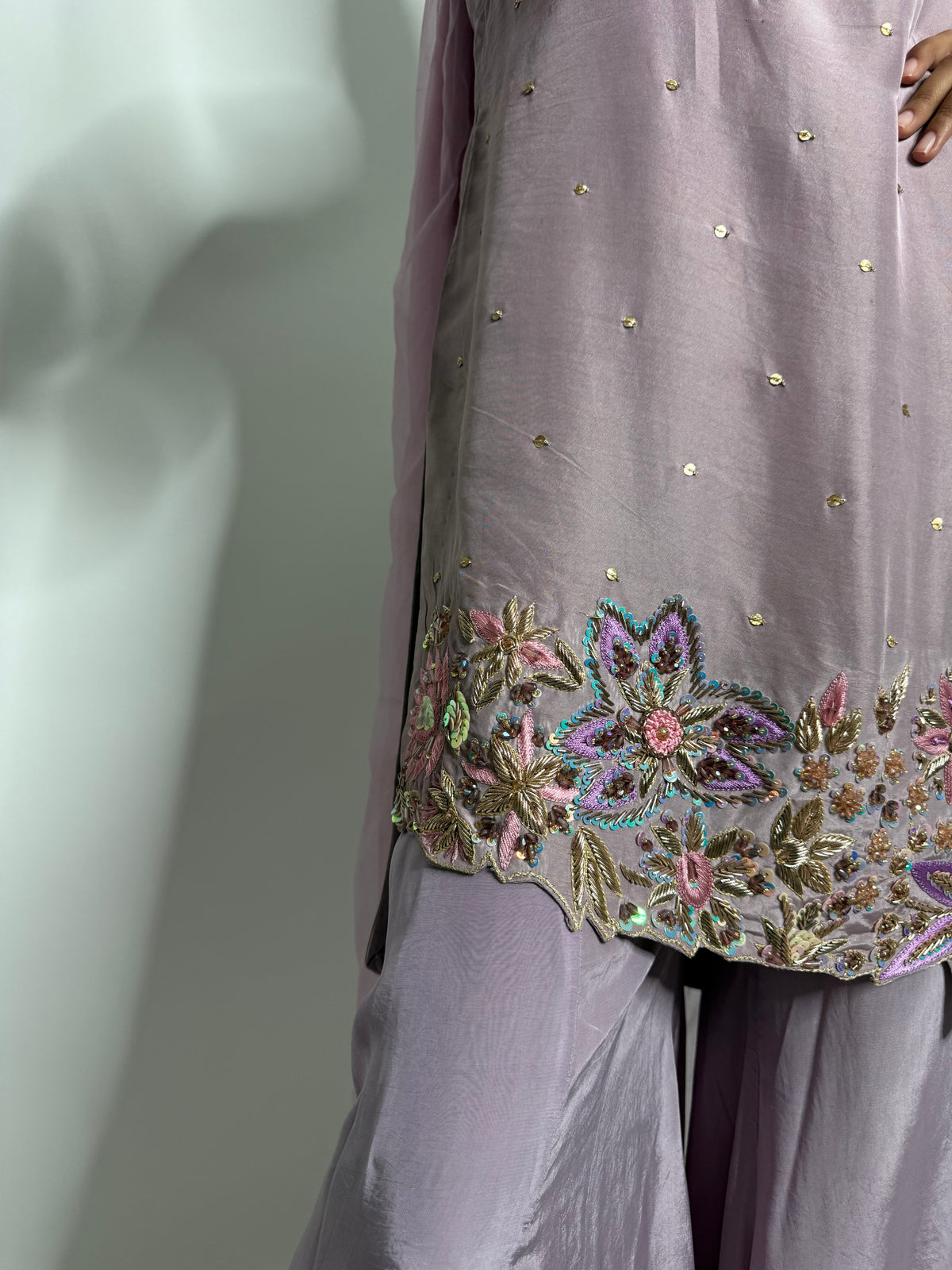 LILAC SILK EMBROIDERED SHARARA THREE PIECE SUIT | THE LILIANA