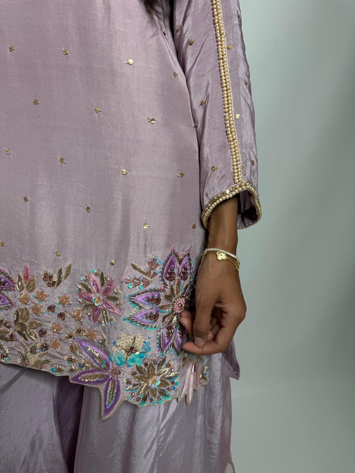 LILAC SILK EMBROIDERED SHARARA THREE PIECE SUIT | THE LILIANA