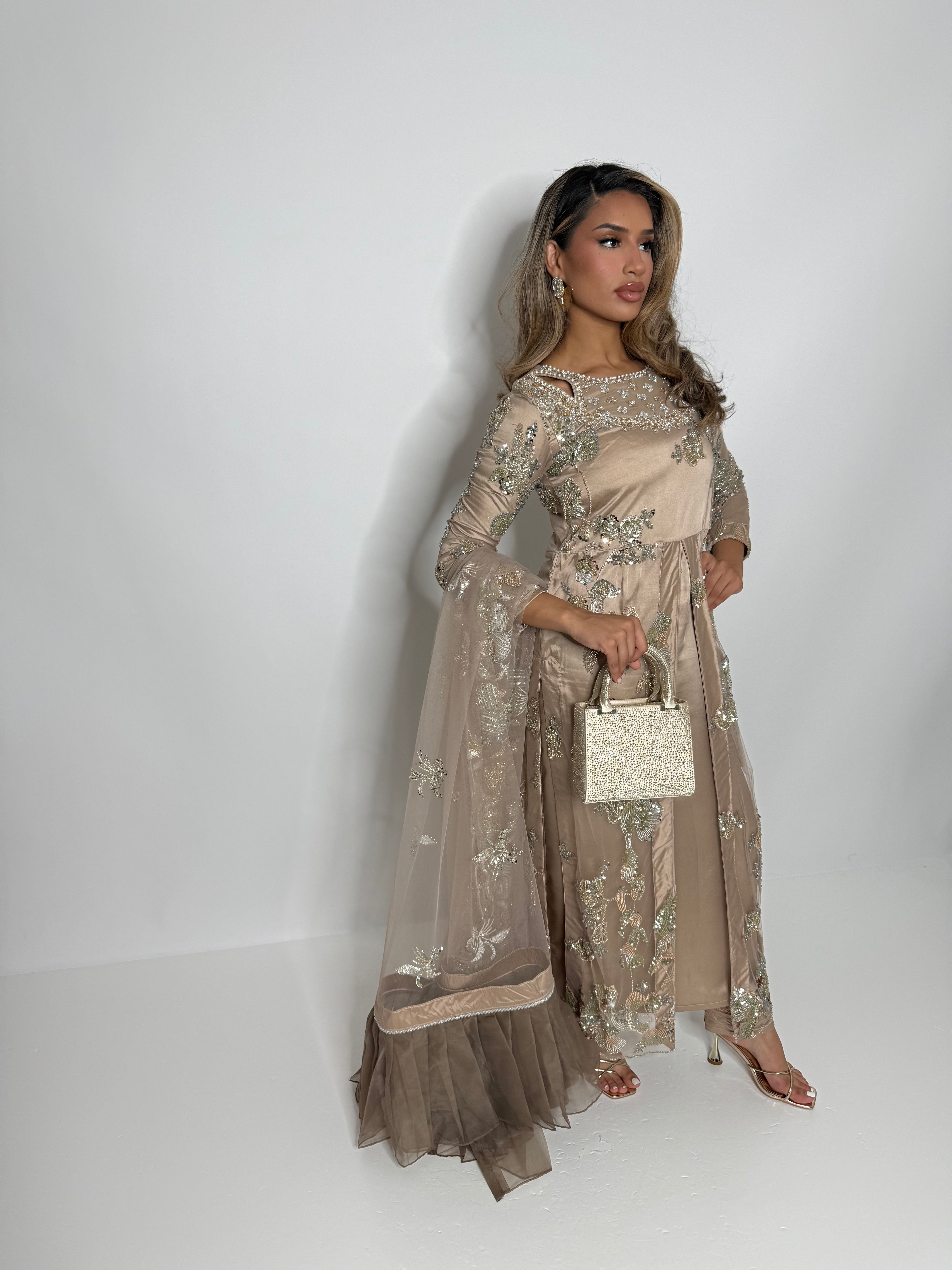 Champagne nude embroidered kameez front view