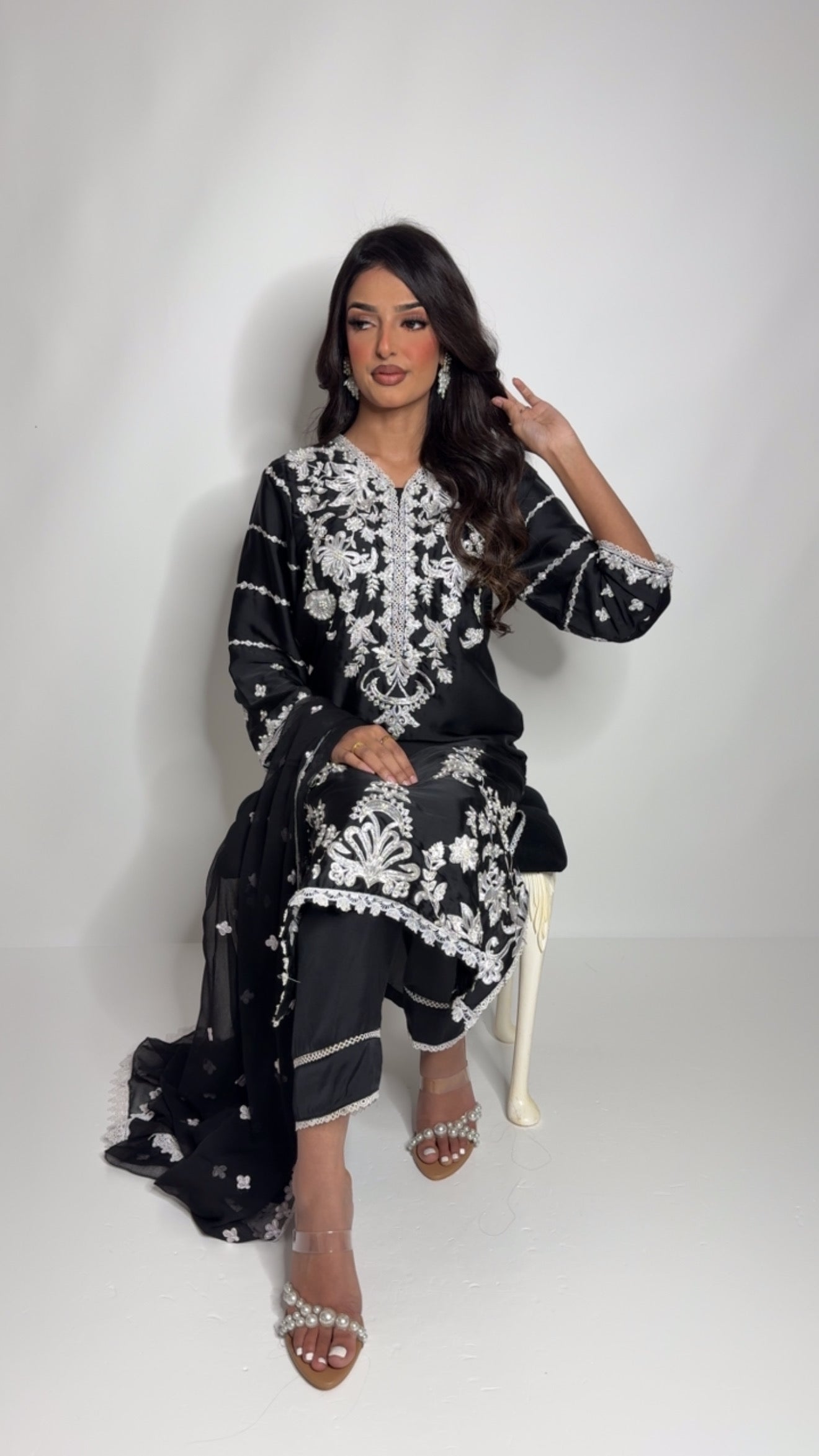 Midnight Monsoon – Black Silk Embroidered Set